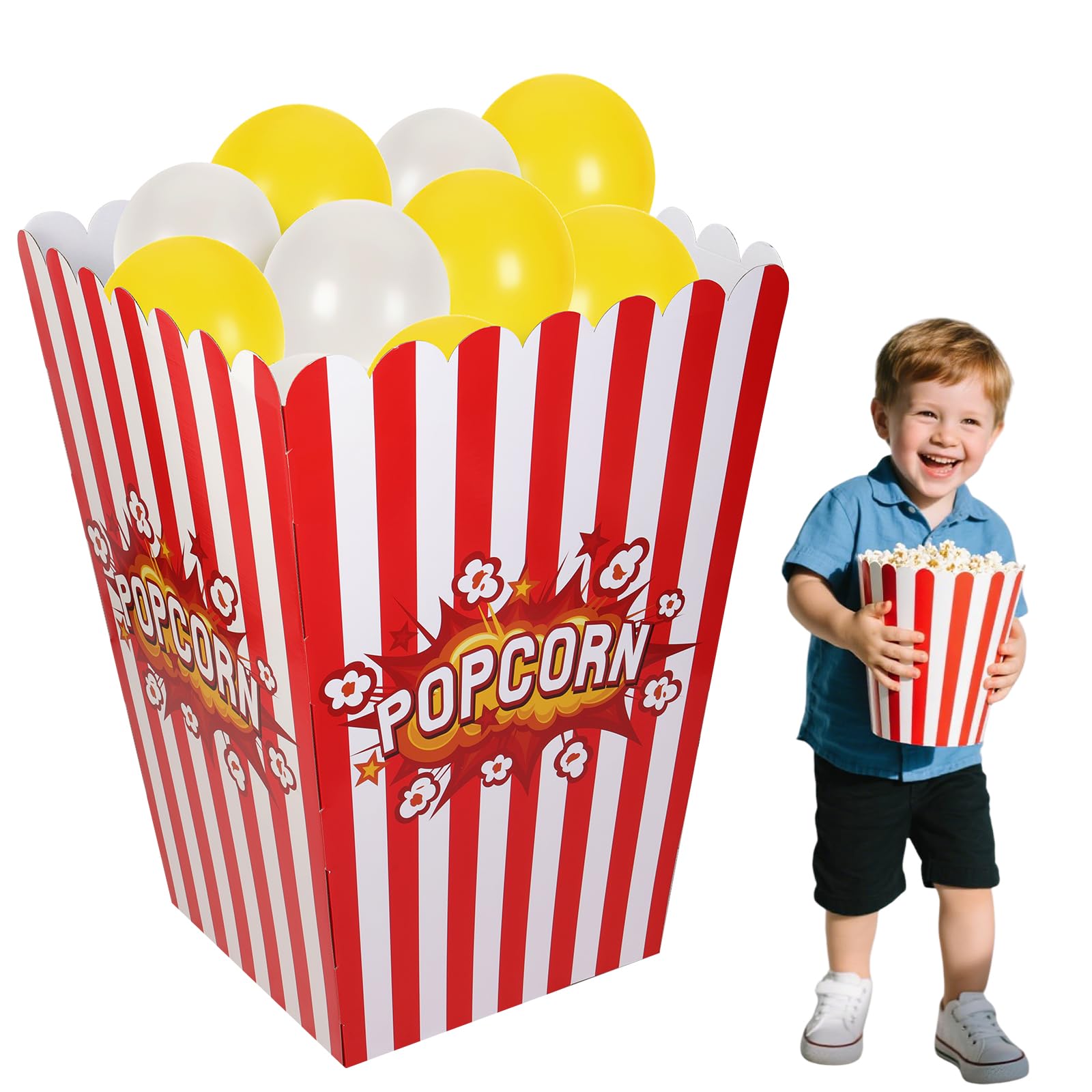 AIHSUMC Giant Popcorn Box with Balloons, Movie Popcorn 3D Popcorn Box Cardboard Stand up, 35x18x25 inch Outdoor Standing Heavyweight Popcorn Box for