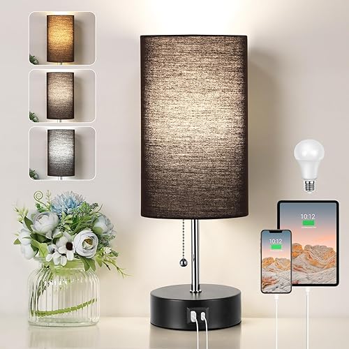 Lámpara de mesita de noche de 3 colores con puerto USB A y puerto C, lámpara de mesa para dormitorio con bombilla LED, lámparas pequeñas para sala