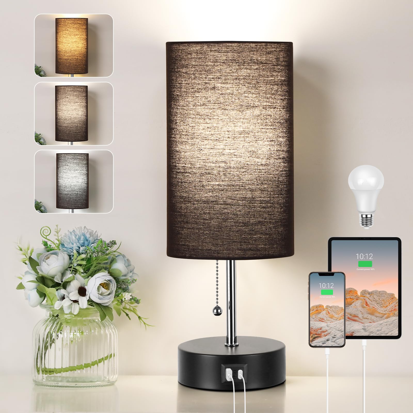 3-Color Temperature Bedside Lamp Nightstand Lamp with USB A Port and C Port, Table Lamp for Bedroom with LED Bulb Small Lamps for Living Room (Black)