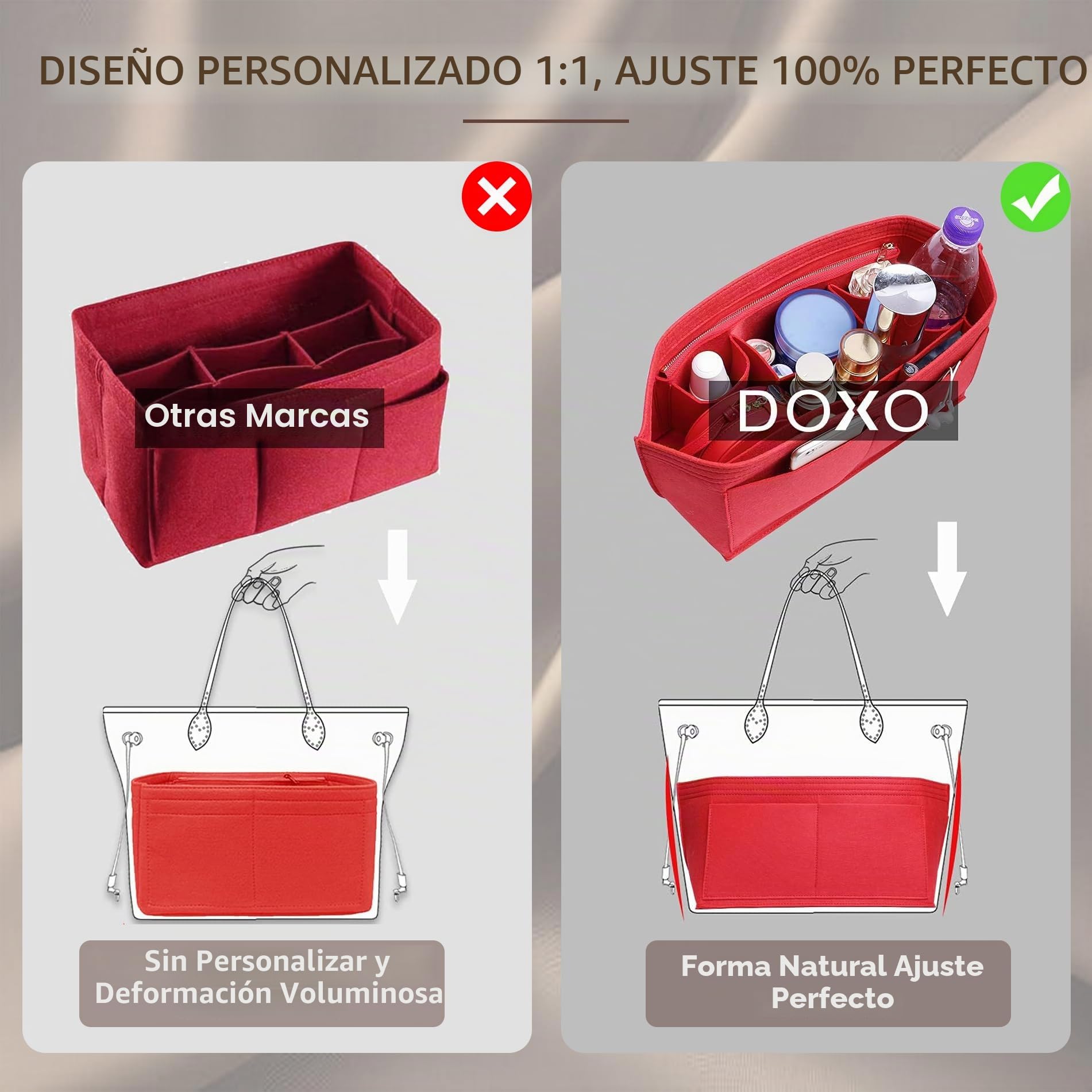 Doxo Organizador de bolso y bolsa de fieltro para Neverfull GM (XL, bolsa roja + forma de base roja)