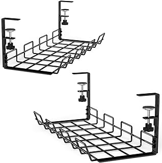 No Drill Under Desk Cable Management Tray, 2 Pack Cable Management Clamp to Desk Cable Rack Under Desk Cord Organizer, Sturdy Metal Cable Tray Basket for Office and Home Standing Desk