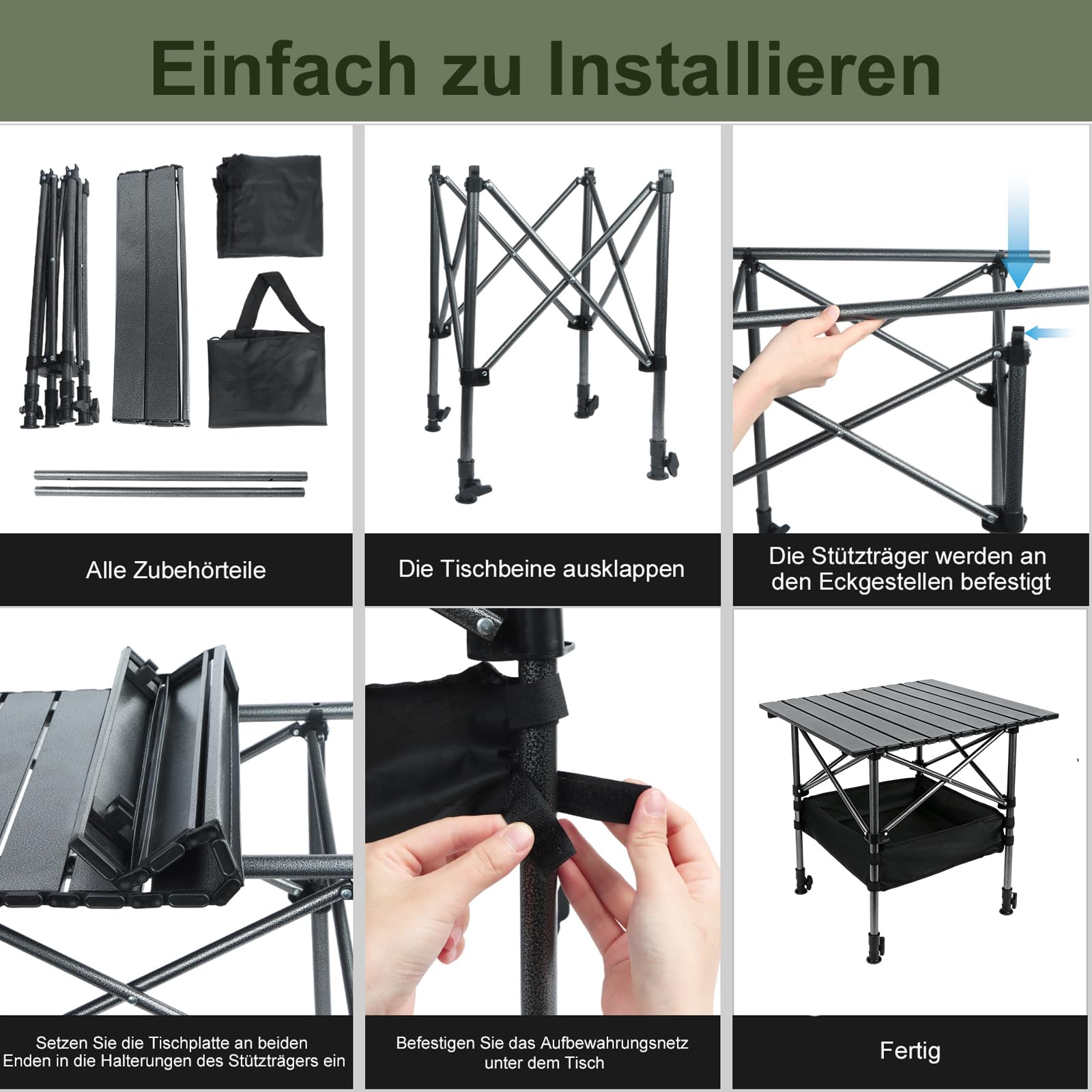 Campingtisch Klappbar, Klapptisch Höhenverstellbar 53x51cm | Camping Falttisch mit Ablagenetz, Tasche, Schwarz Campingtisch Faltbar für Picknick Camping Garten Kochen Angeln Outdoor
