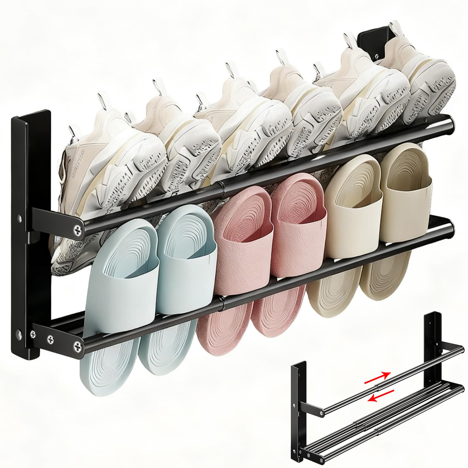 Schuhregal Wand Schmal, Schuhregal Metall Schwarz 2 Ebenen, 37-67cm Ausziehbar, Schuhaufbewahrung Platzsparend für 6 Paar Schuhe, Schuh Organizer für Wohnmobil Korridor Badezimmer