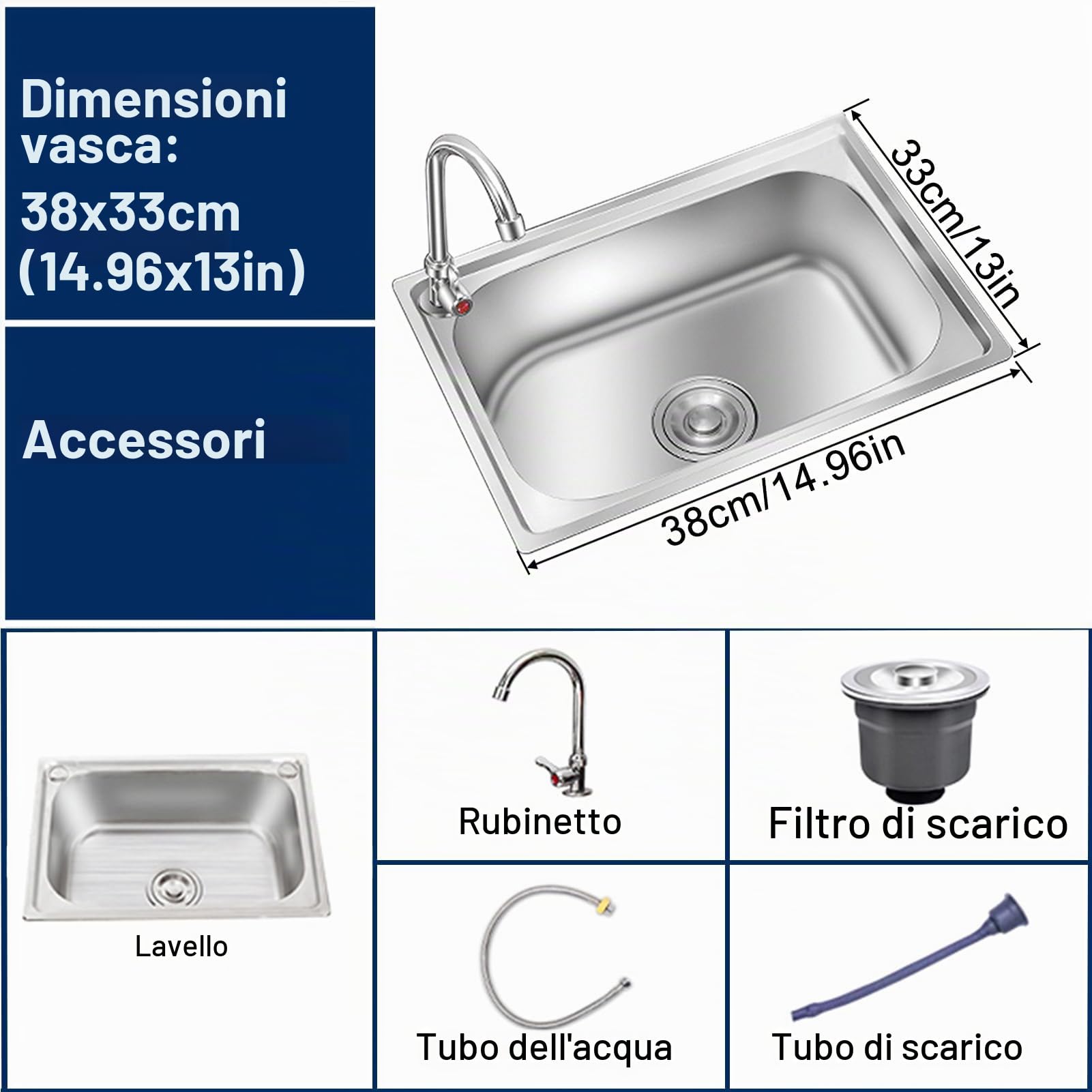 Lavello In Acciaio Inox Con Rubinetto Lavelli Da Cucina Domestici, Lavello Rettangolare 1 Vasca Per Lavello Commerciale Ristorante Cucina Appartamento (38x33cm)