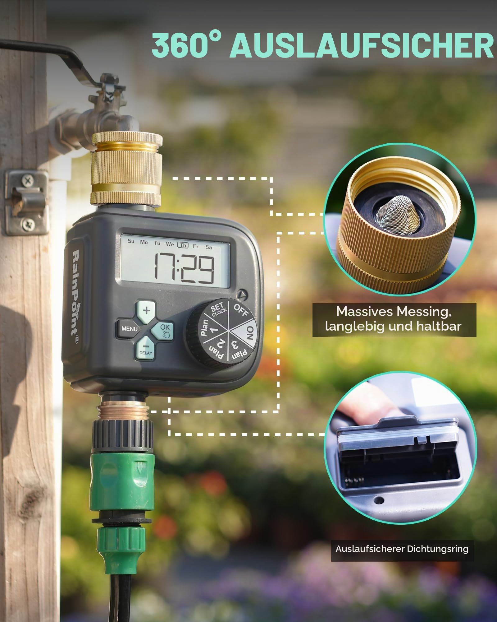 RAINPOINT Bewässerungscomputer mit Messing-Einlass und -Auslass, Wasserzeitschaltuhr mit 3 Zeitplänen, Automatische Bewässerung, Programmierbar nach Woche/Intervallstunden & Tagen, für Rasen, Garten