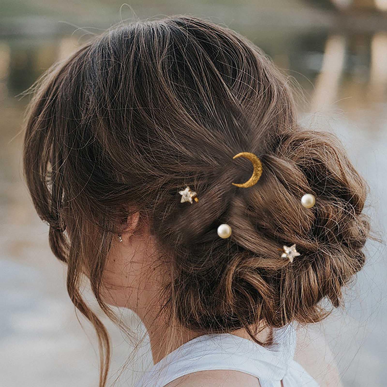 Inateannal Rhinestone Moon Star Hair Clips Gold Pearl Star Moon Hairclip Sets Bridal Pearl Hair Bobby Pins Wedding Decorative Bobby Pins Prom Hair Accessories 5pcs - Image 2