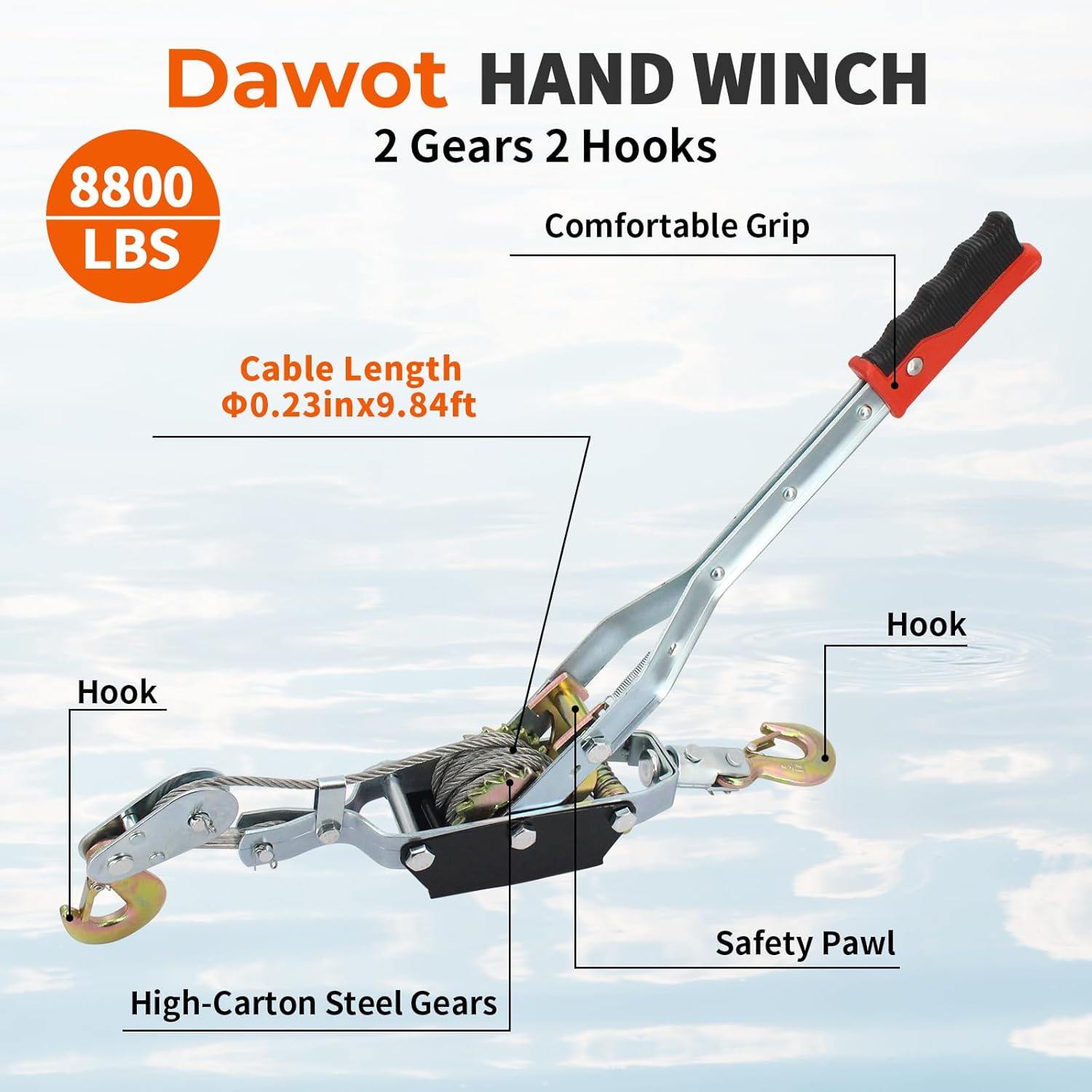 Come Along Winch 4T/8800lbs Come Along Ratchet Tool with 2 Gears 2 Hooks Hand Winch with 9.8ft Steel Cable Automotive Hoist Winch Puller for Construction, Automotive Farm Work