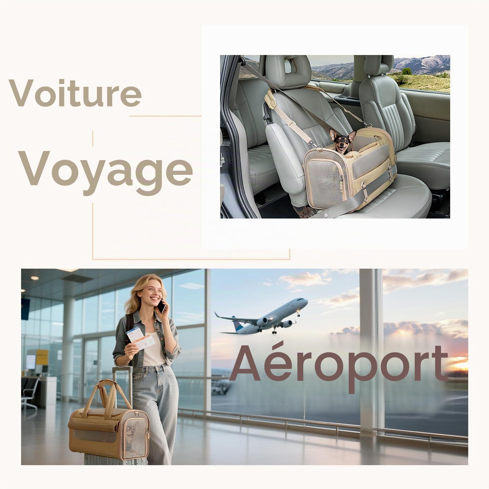 Sac de Transport Chat Petit Chien Avion Homologué avec Ceinture Auto, Coussin Anti-Poils, Lavable, Mesh Anti-Griffure, Pliable, Cuir Imperméable, Aéré, 3 Poches, Portable pour Voyage Train Véto