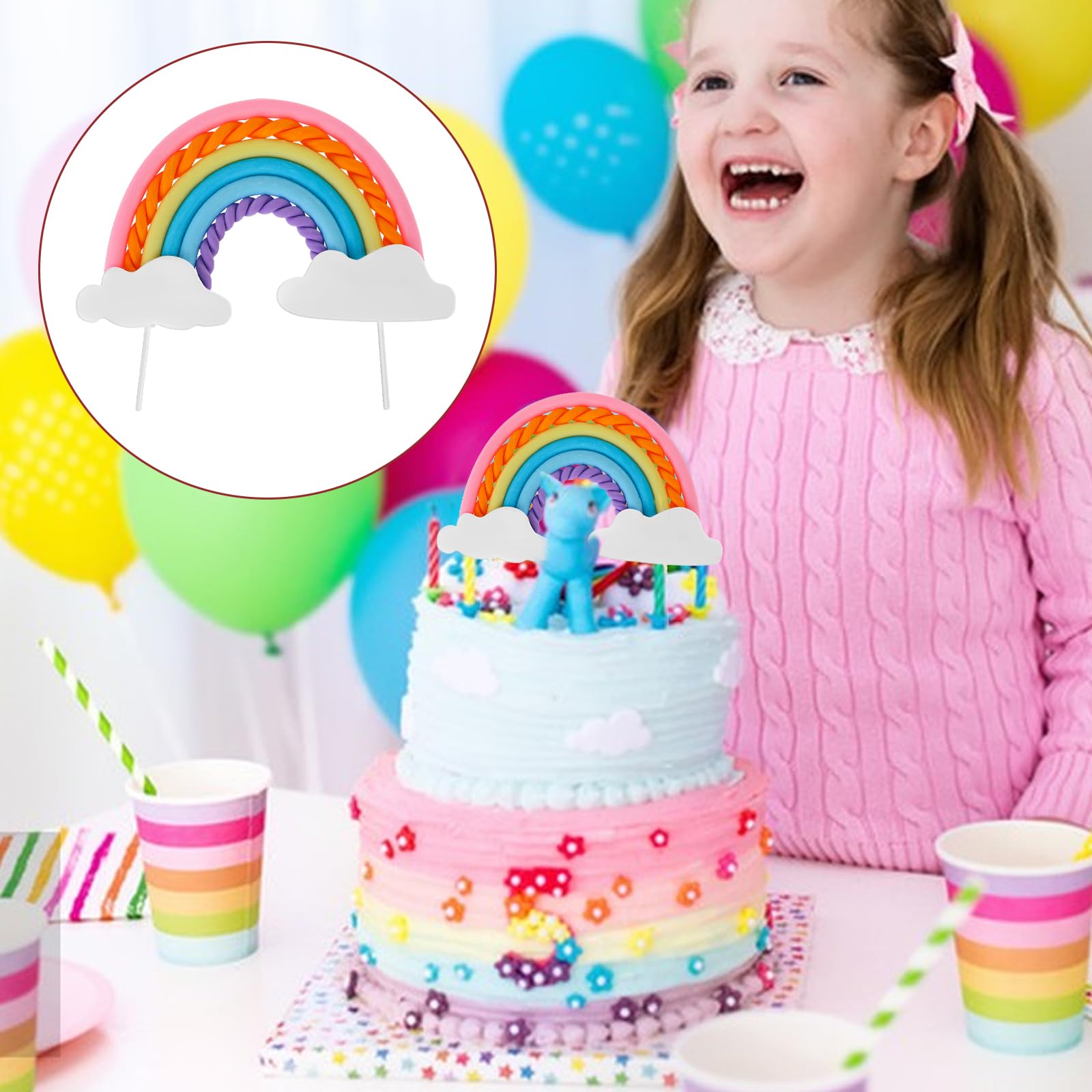 Pastel Rainbow Cake Topper With Care Bear & Clouds - Colorful Birthday, Wedding Dessert Decoration