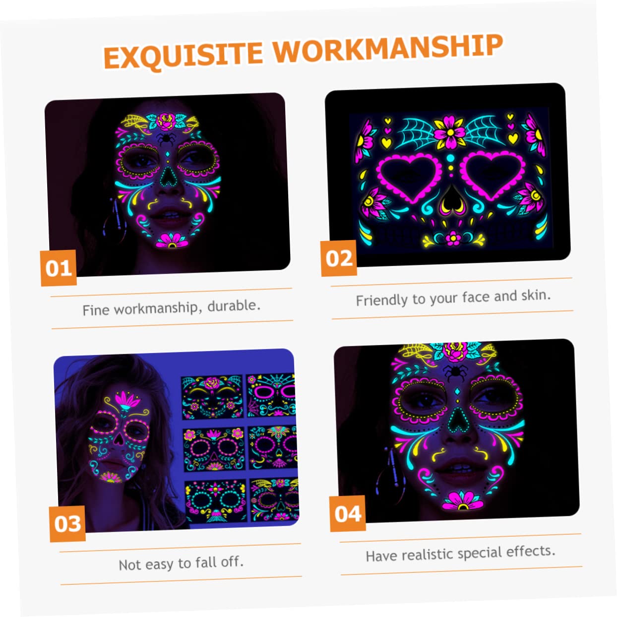 Healvian 24hojas Tatuajes De Halloween Fluorescentes Para Rostro Pegatinas De Calavera Para Maquillaje y Fiesta De Disfraces De Diseño Diverso
