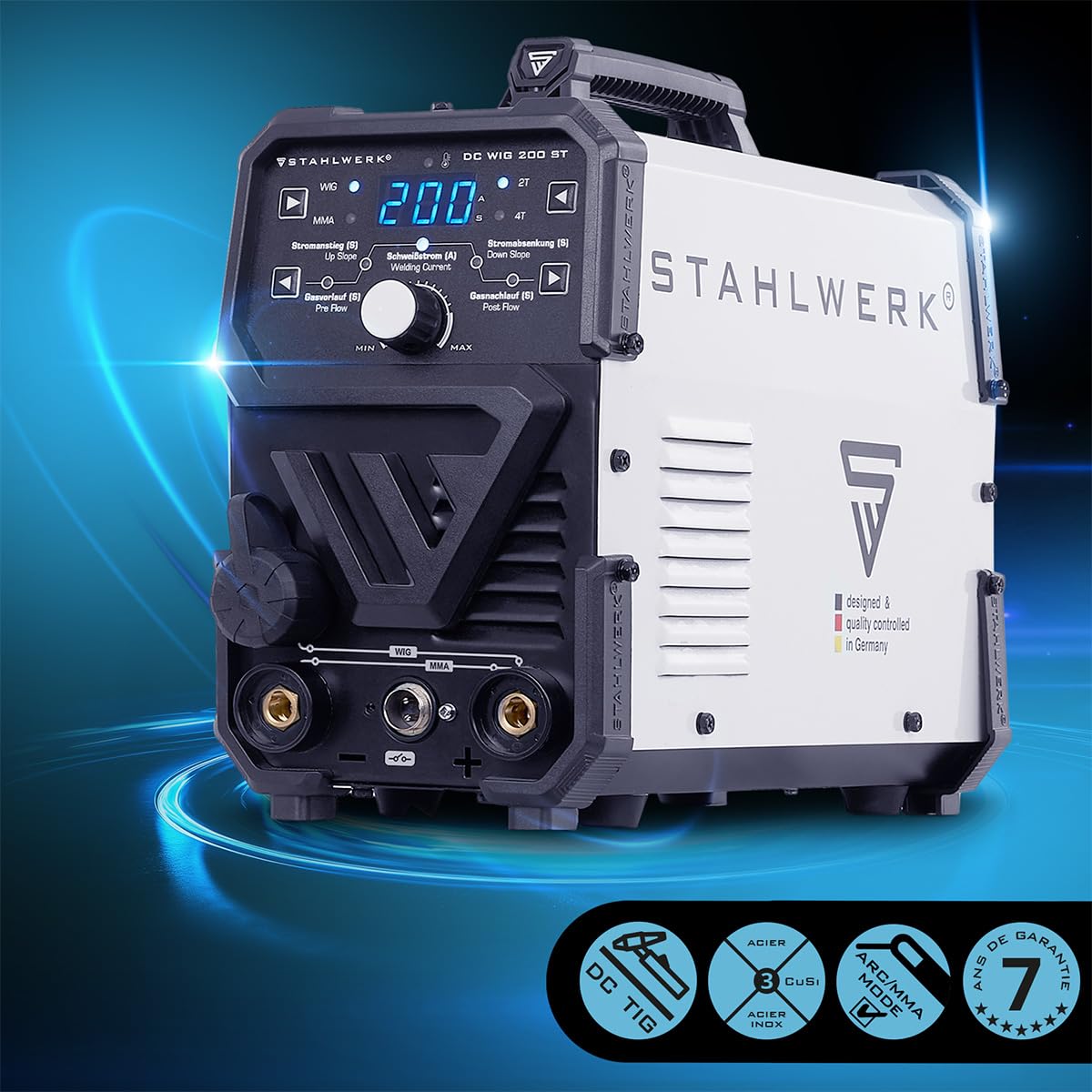 STAHLWERK Poste à souder 2-en-1 combiné DC TIG 200 ST – TIG & MMA (électrode enrobée/ARC) jusqu’à 200 A, amorçage HF, Hot Start, Anti-Stick, adapté à l’acier, inox, cuivre et laiton, pas d’aluminium