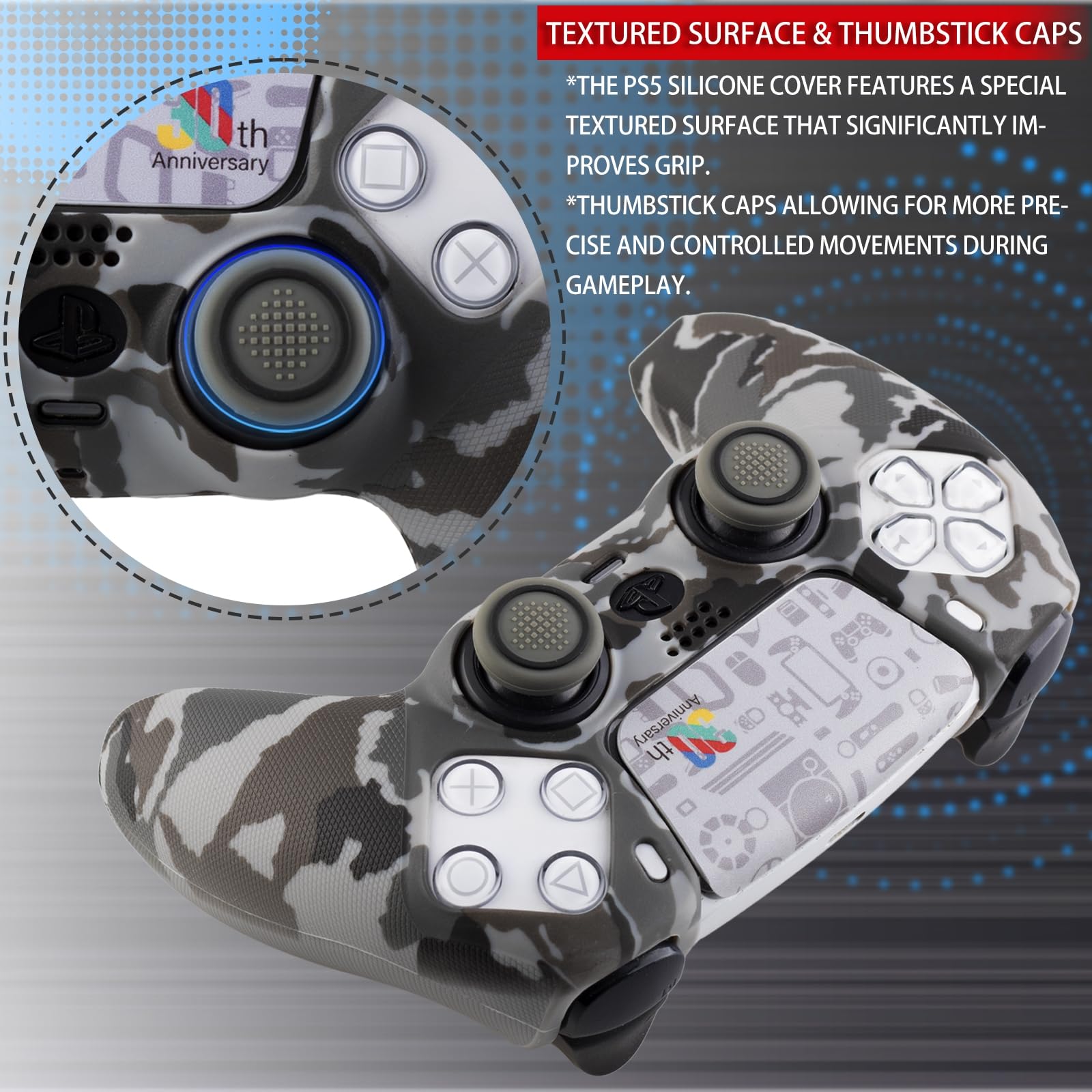 Non-Slip Silicone Cover for PS5 Controller with Thumbstick Caps * 2 & Sticker * 1 30 Years Anniversary