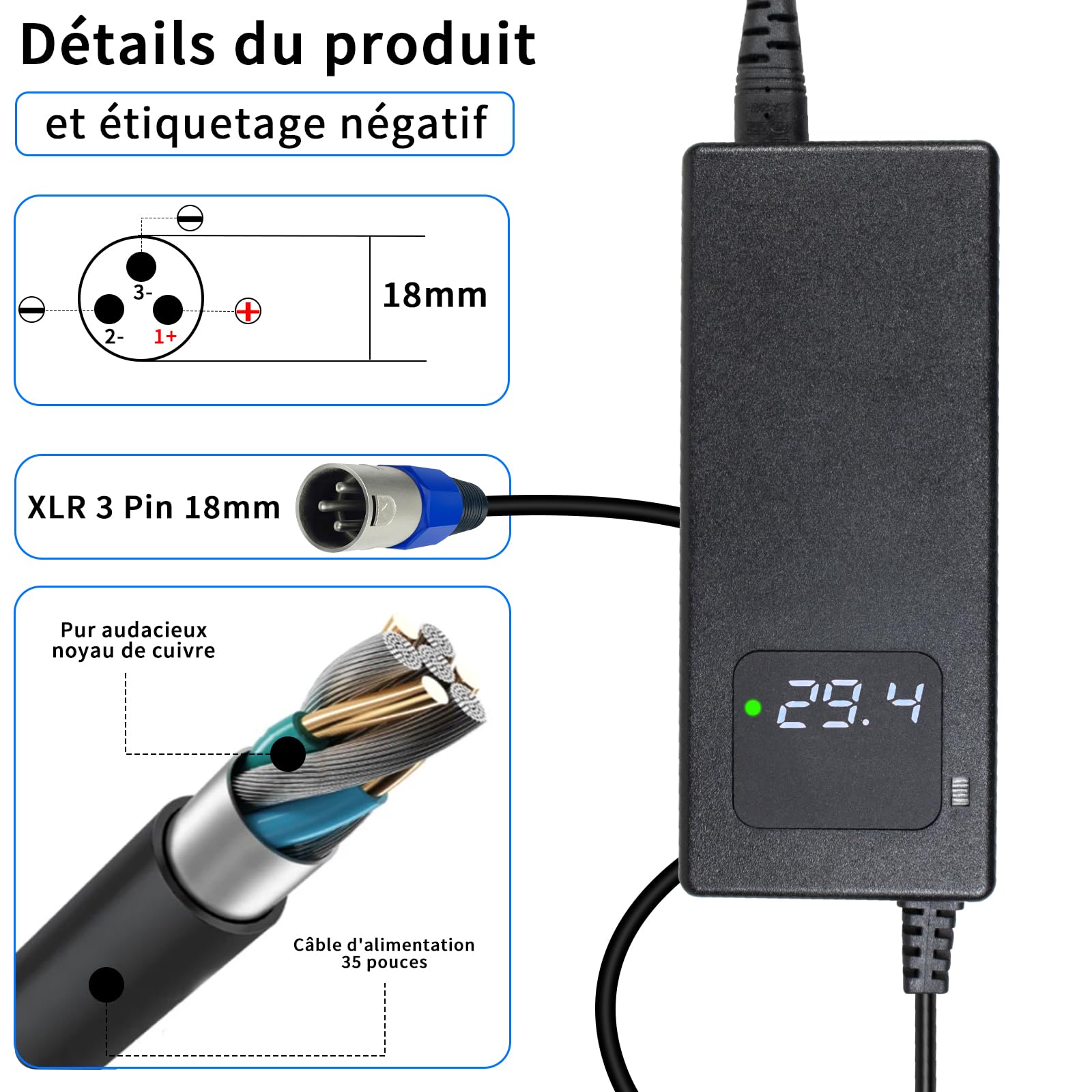 29,4 V 4 A ładowarka do elektrycznych wózków inwalidzkich i skuterów mobilnych 24 V 25,2 V 25,6 V bateria litowa (LiFePO) akumulatory, 3-biegunowa wtyczka XLR, inteligentna ładowarka z wyświetlaczem