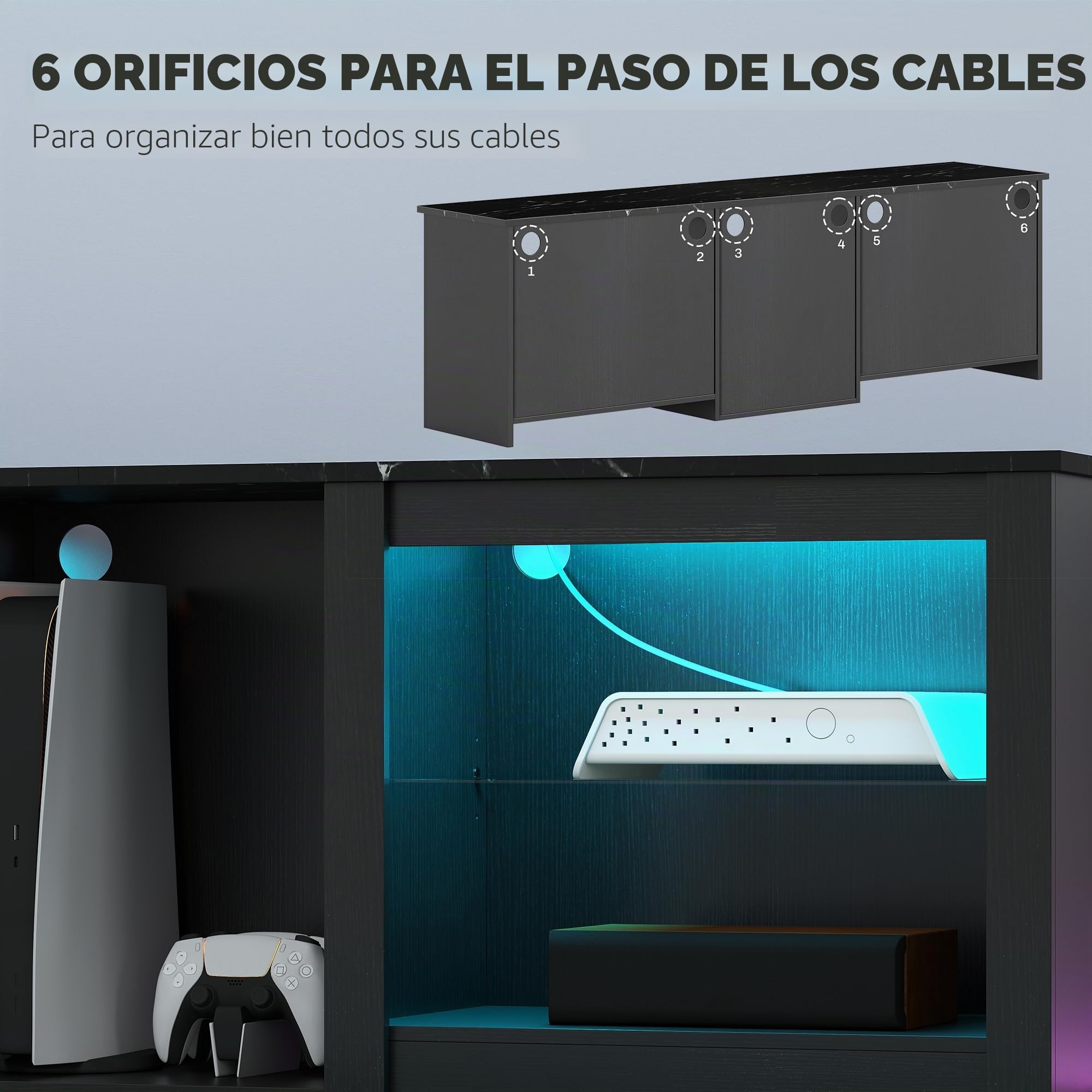 HOMCOM Soporte de TV LED RGB Banco de Madera para TV de hasta 65" con Estantes de Cristal Ajustables, 5 Nichos, Gestión de Cables y Mando a Distancia para Salón, Dormitorio, Negro, 160 x 35 x 53 cm