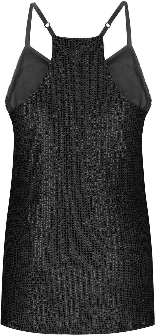 Party Tops for Women U Neck Spaghetti Strap Tank Top Glitter Sparkle Sequin Fashion Blouses Sleeveless Tanks