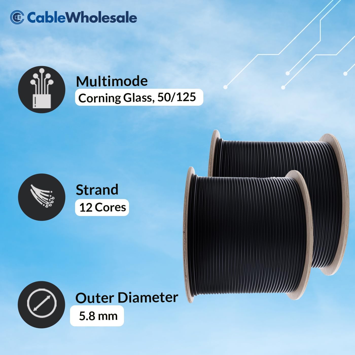 CableWholesale 12-Strand Fiber Indoor/Outdoor Fiber Optic Cable, Multimode, 50/125 Micron, OM3, 10 Gbit, Black, Riser Rated, Spool, 1000 feet