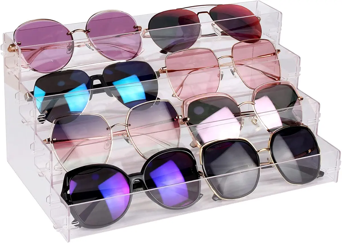 BVANQ 4 Tier Sunglasses Organizer Acrylic Sunglass Holder Nail Polish Organizer Countertop Stand Display No Tool Needed&amp;No Pungent Acrylic Glue Assembly for Highlighting Glasses,Makeup,Essential Oil