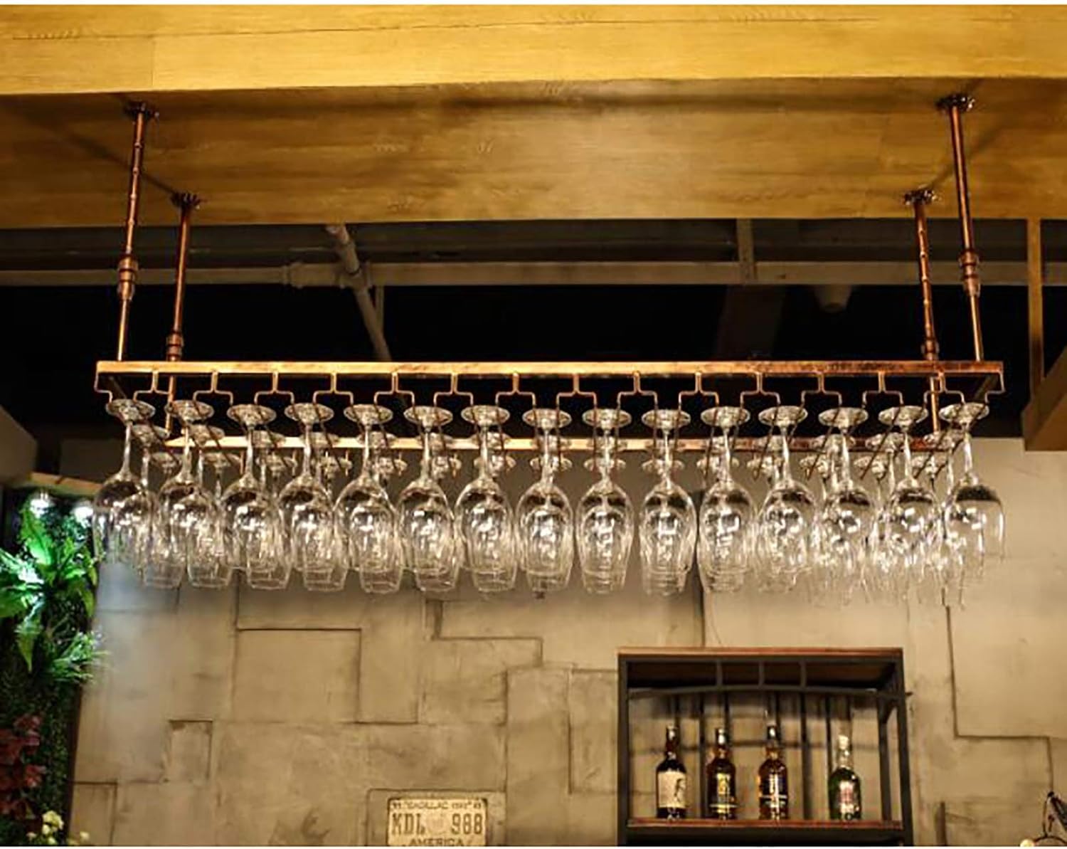 Hanging Wine Glass Holder Rustic Iron Wine Glass Holder Ceiling Stemware Rack,Adjustable Height,Hanging Wine Glass Rack,Wall Mounted Glass Rack,Vintage Wine Glass Storage Rack,Stem