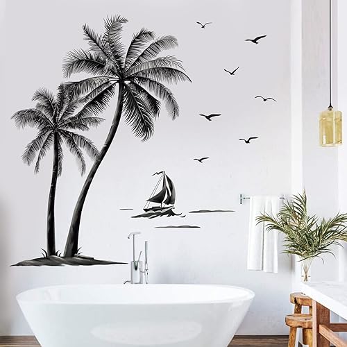 Miniatura 3 de decalmile Pegatinas de pared grandes de palmera negra con diseño de cocotero, pájaros, tropicales, decoración de pared para dormitorio, sala de