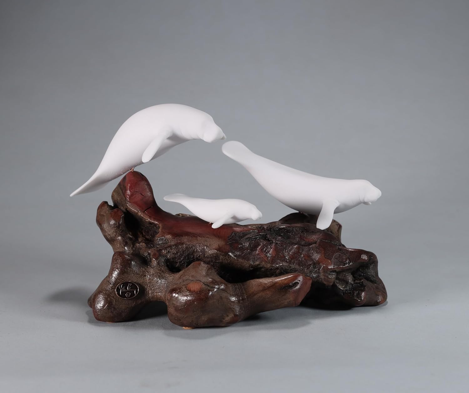 Manatee Family Sculpture by John Perry Pellucida on Polished burlwood Base. Signed.