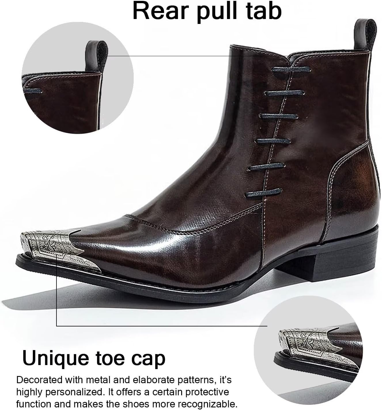 Men’s Western Pointed Toe Ankle Boots with Metal Toe Cap Side Zipper Comfortable Non Slip Dress Boots for Back to School and Banquet - Image 4