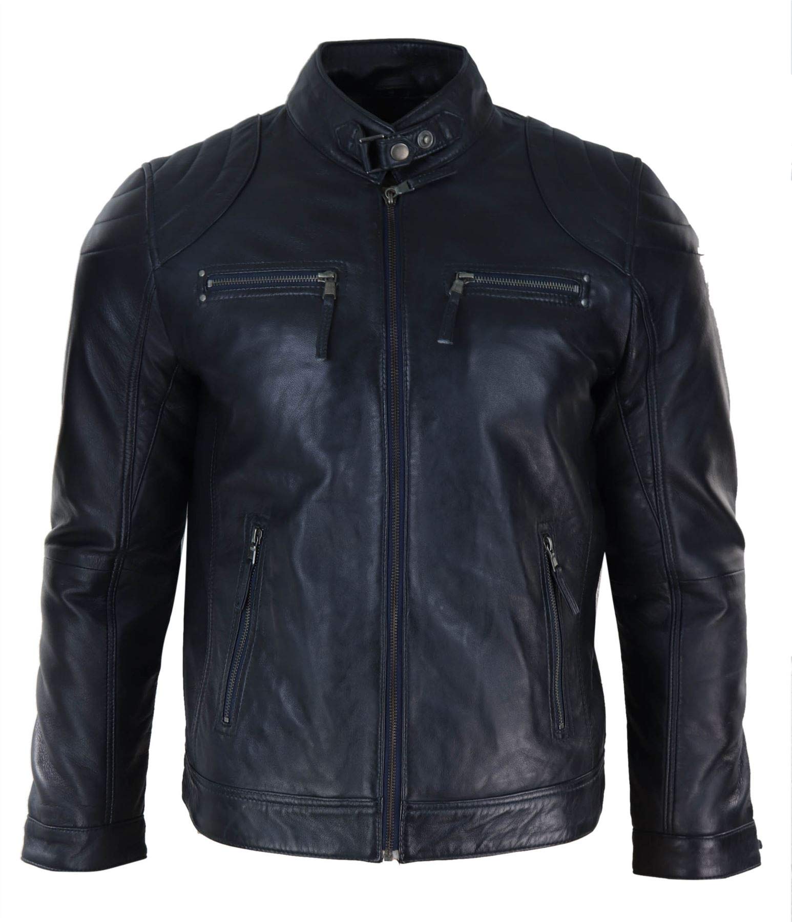 Infinity Leather Men's Light/Black Leather Company Biker Zip Jacket Leather Short Classic Motorcycle - 4XL