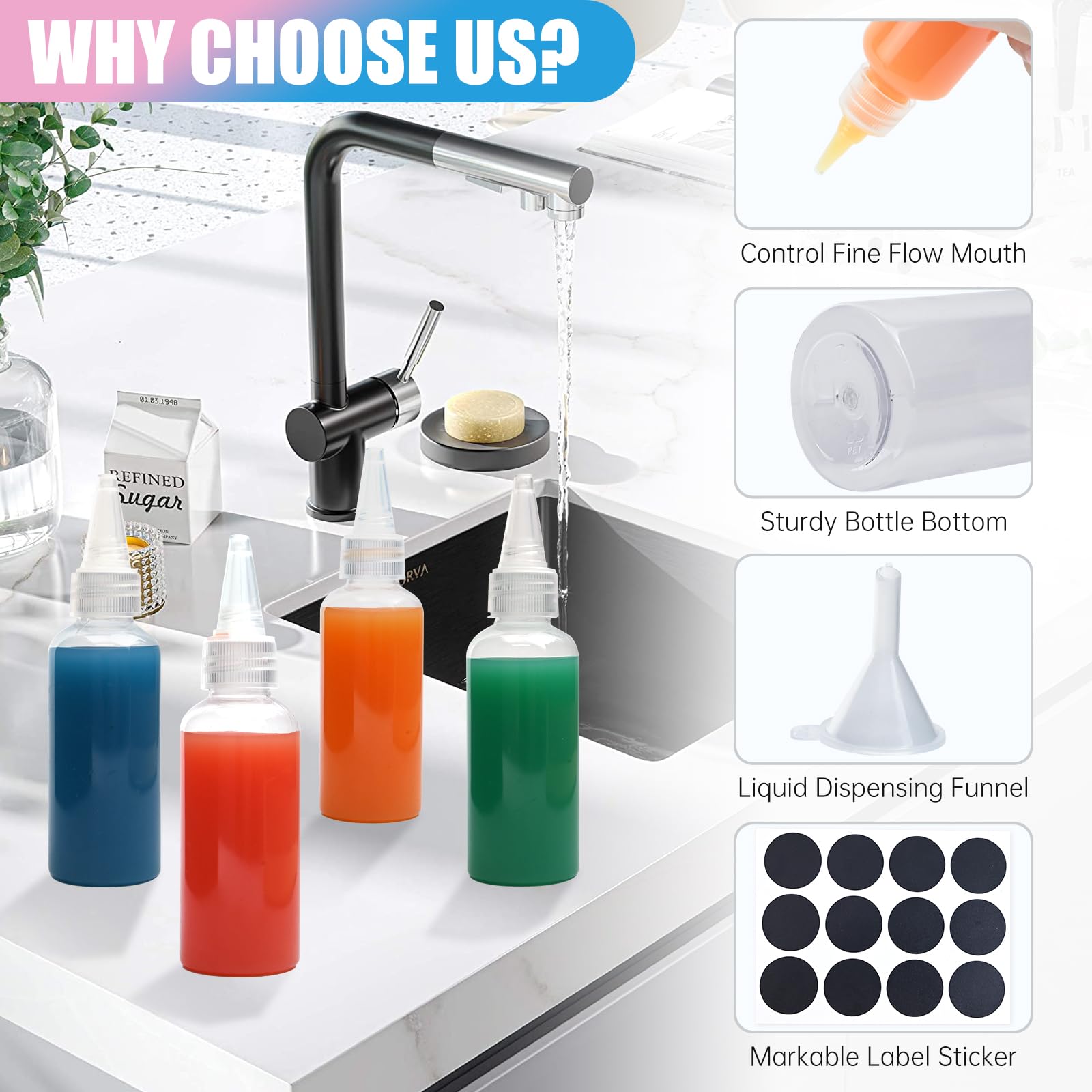 12 Stuks Knijpflessen Kunststof Multifunctioneel, 60ml Kleine Knijpflessen Herbruikbare, Lekvrije Knijpbare Vloeistof Knijpfles met Trechters, Doorzichtige Specerijen Knijpfles voor Saus Lotion