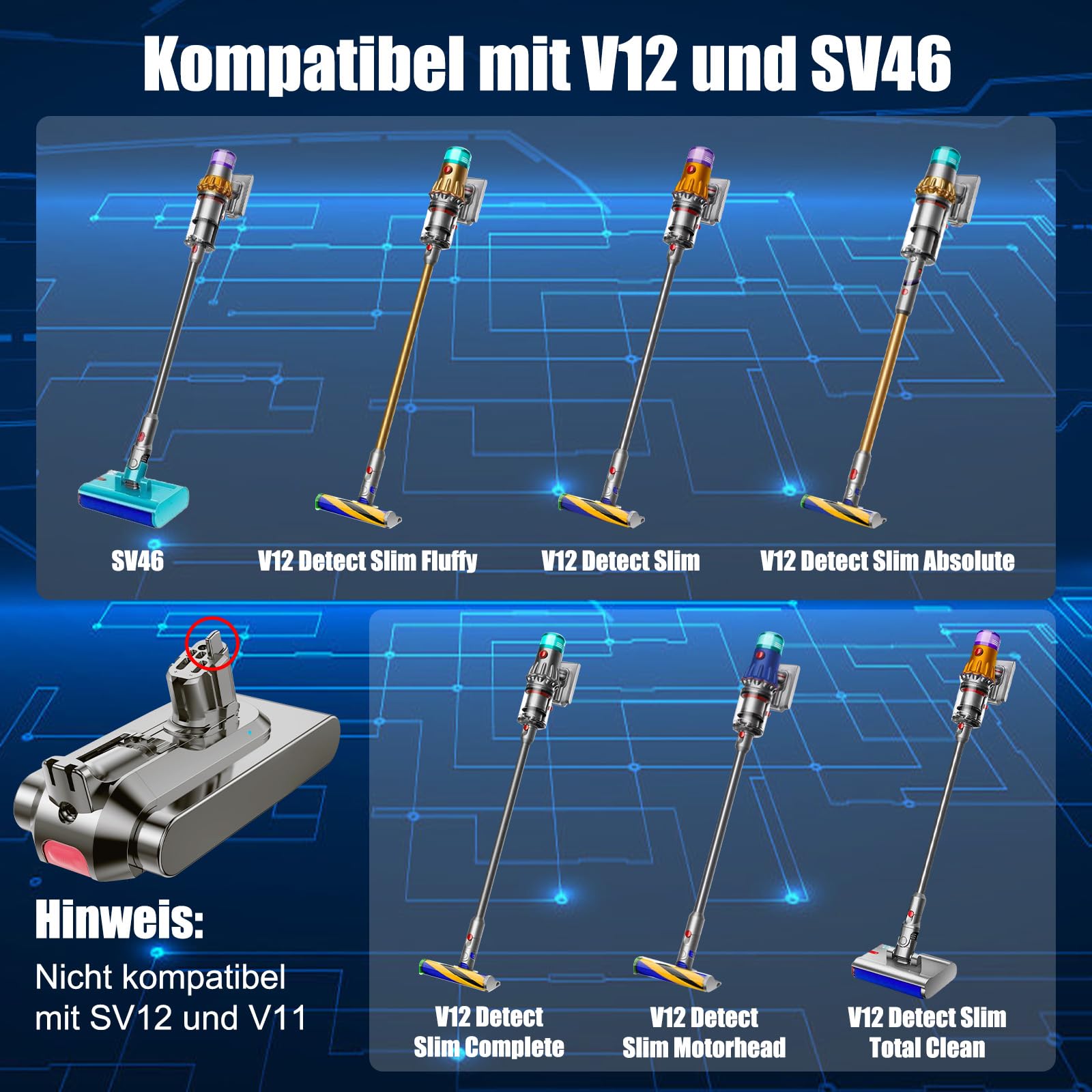 V12 Akku für Dyson V12, Akku Kompatibel mit V12Detect Slim/Detect Slim Absolute Fluffy SV20 SV26 SV30 SV34 SV46 Staubsauger (Nicht für V11 SV12)
