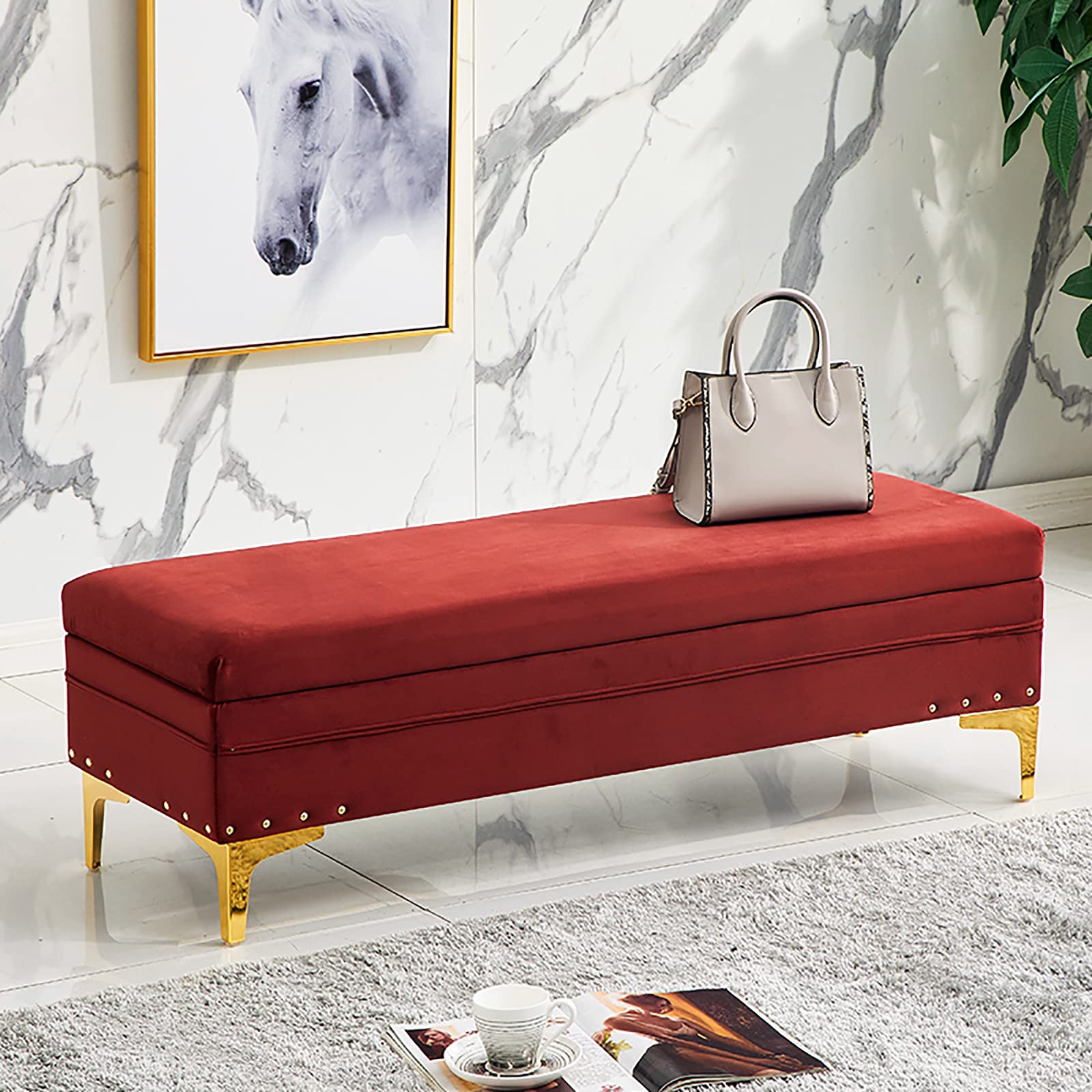 SXZenSpace Luxurious Storage Ottoman Bench,Velvet Upholstered Footrest End Of Bed Bench With Storage,Modern Living Room Entryway Shoe Changing Stool-Maroon 100x40x40cm(39x16x16inch)