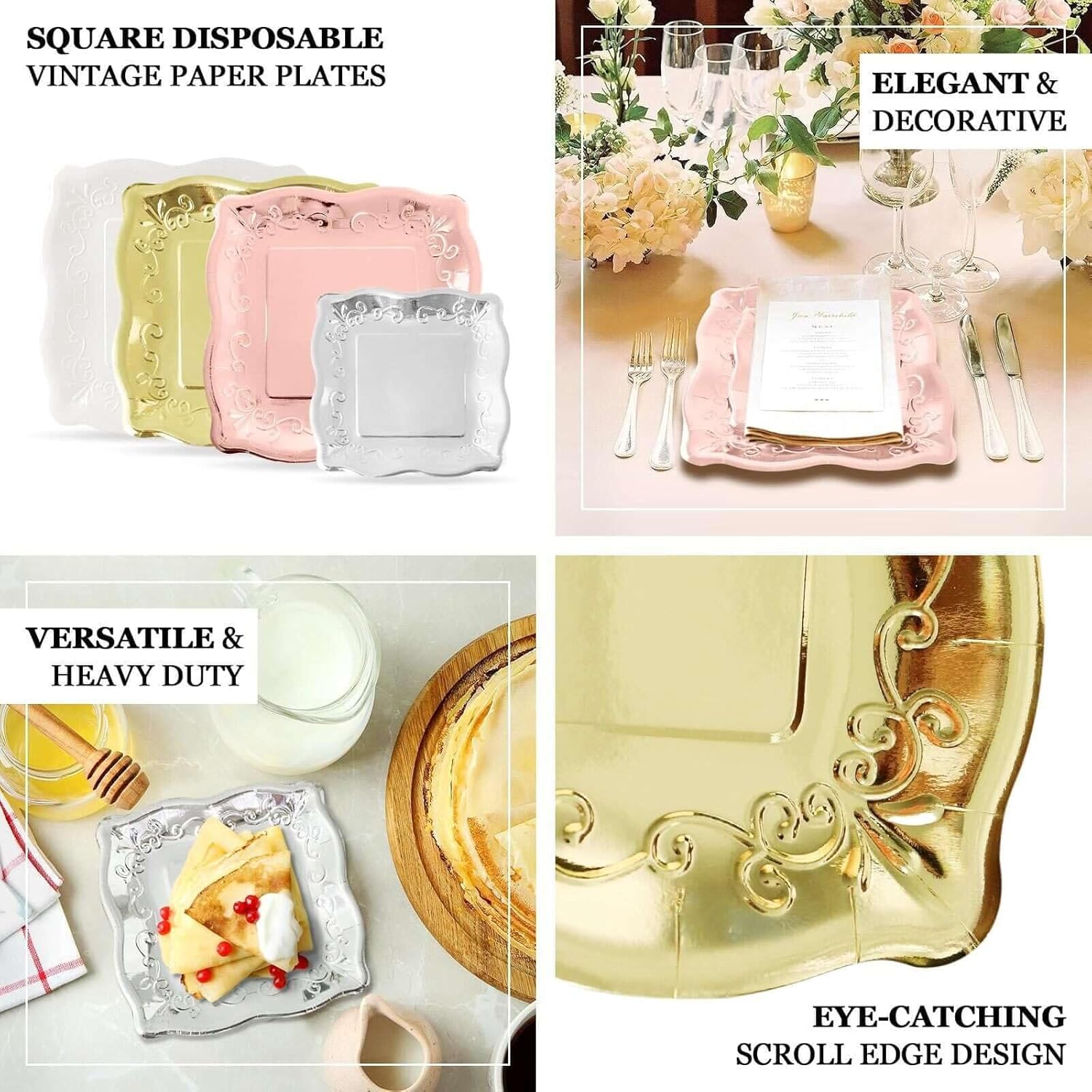 Efavormart 25-Pack 7" Rose Gold Square Vintage Paper Plates, 350 GSM Heavy-Duty Pottery Embossed Dessert Plates for Bachelorette Parties and High-End Social Hours