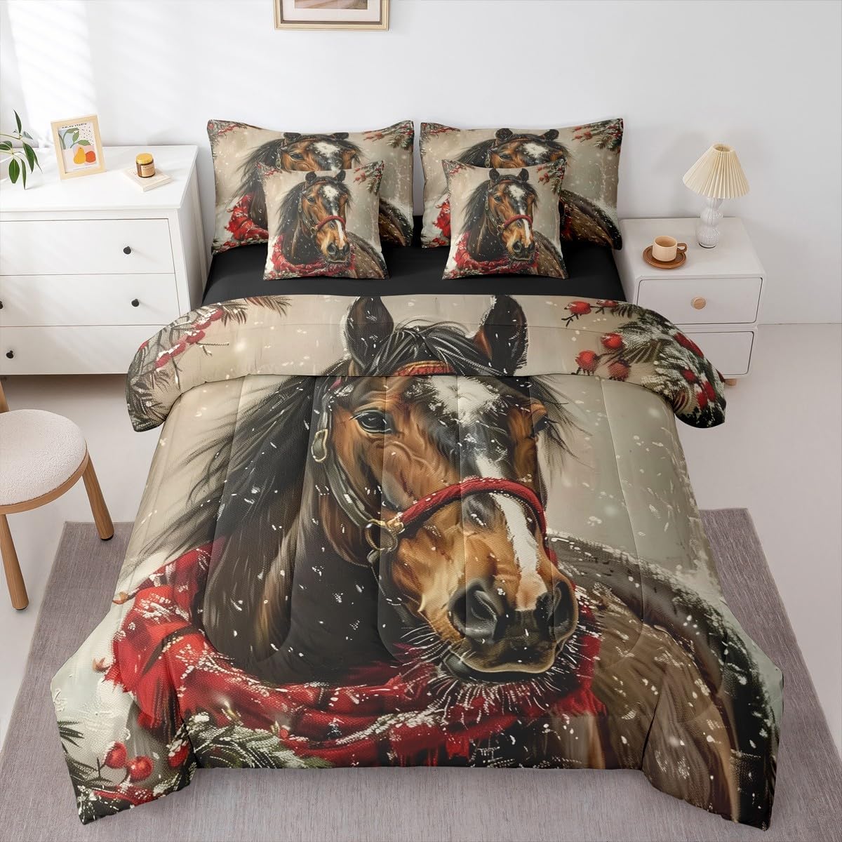 Erosebridal Christmas Tree Queen Comforter Set Polka Dot Bed in a Bag with Flat and Fitted Sheet Cute Xmas Ornaments 7-Piece Bedding Set Christmas Ornaments Quilt Duvet Sets