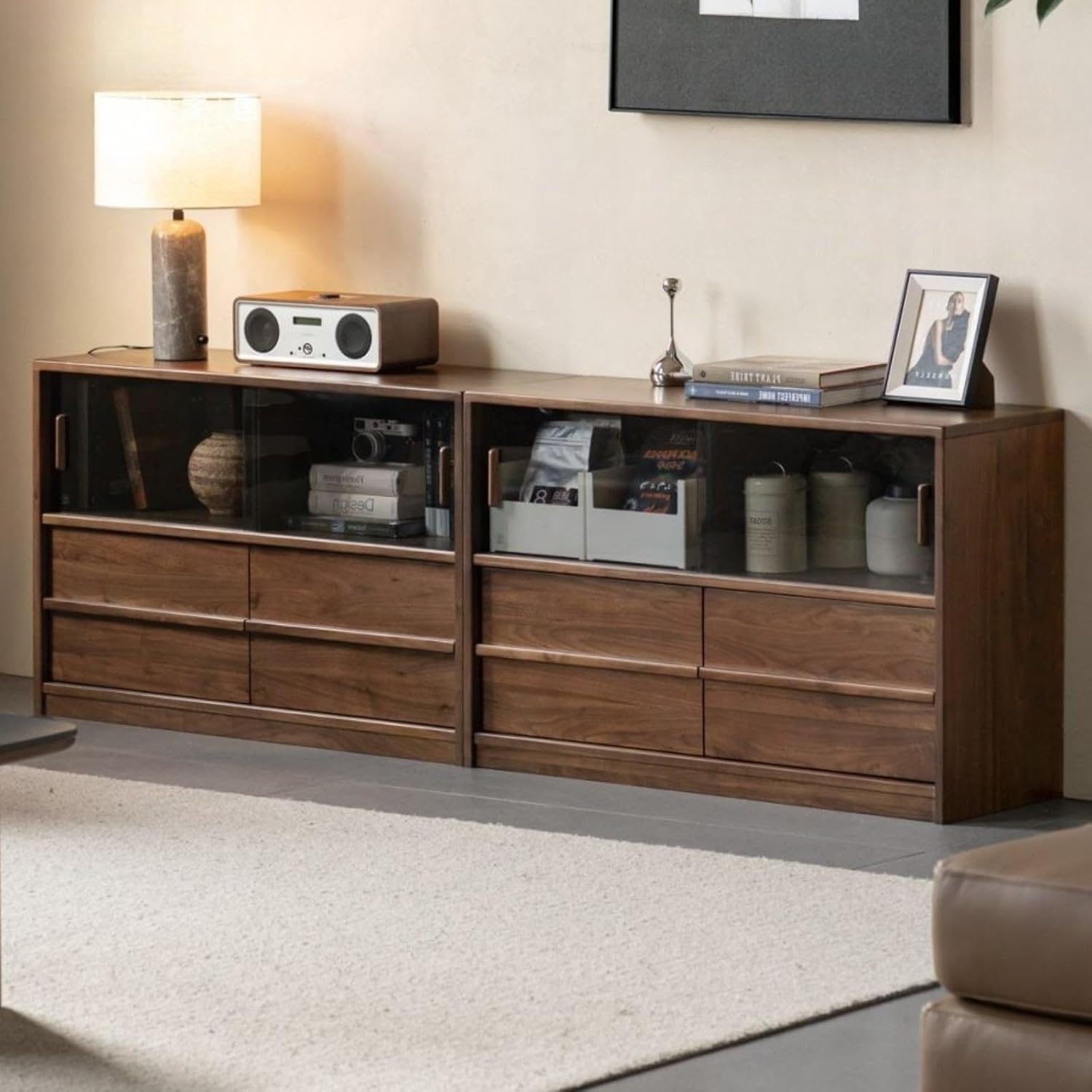 GVAwood Black Walnut Solid Wood Italian Light Luxury TV Cabinet 33.5x13.8x35.4 inch / 85x35x90 cm/Rich Dark Walnut Color/Bookcase with Drawers