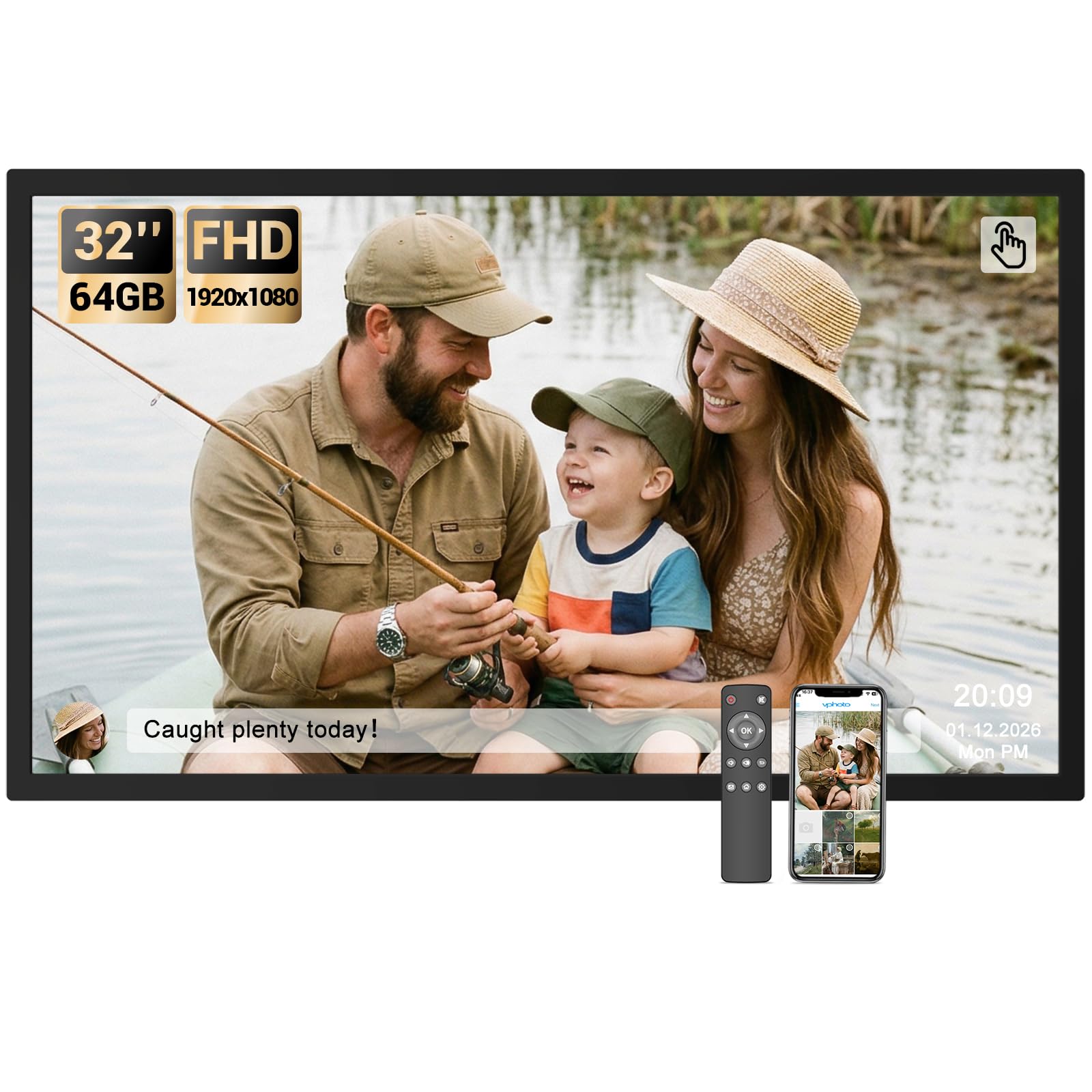 BSIMB 32 Inch Large Digital Picture Frame, Touchscreen 64GB 1920x1080 FHD WiFi Photo Frame Electronic Display Wall Mount Include, Share Pictures/Videos via App/USB/SD, Easy Setup, Gifts for Mom, Black