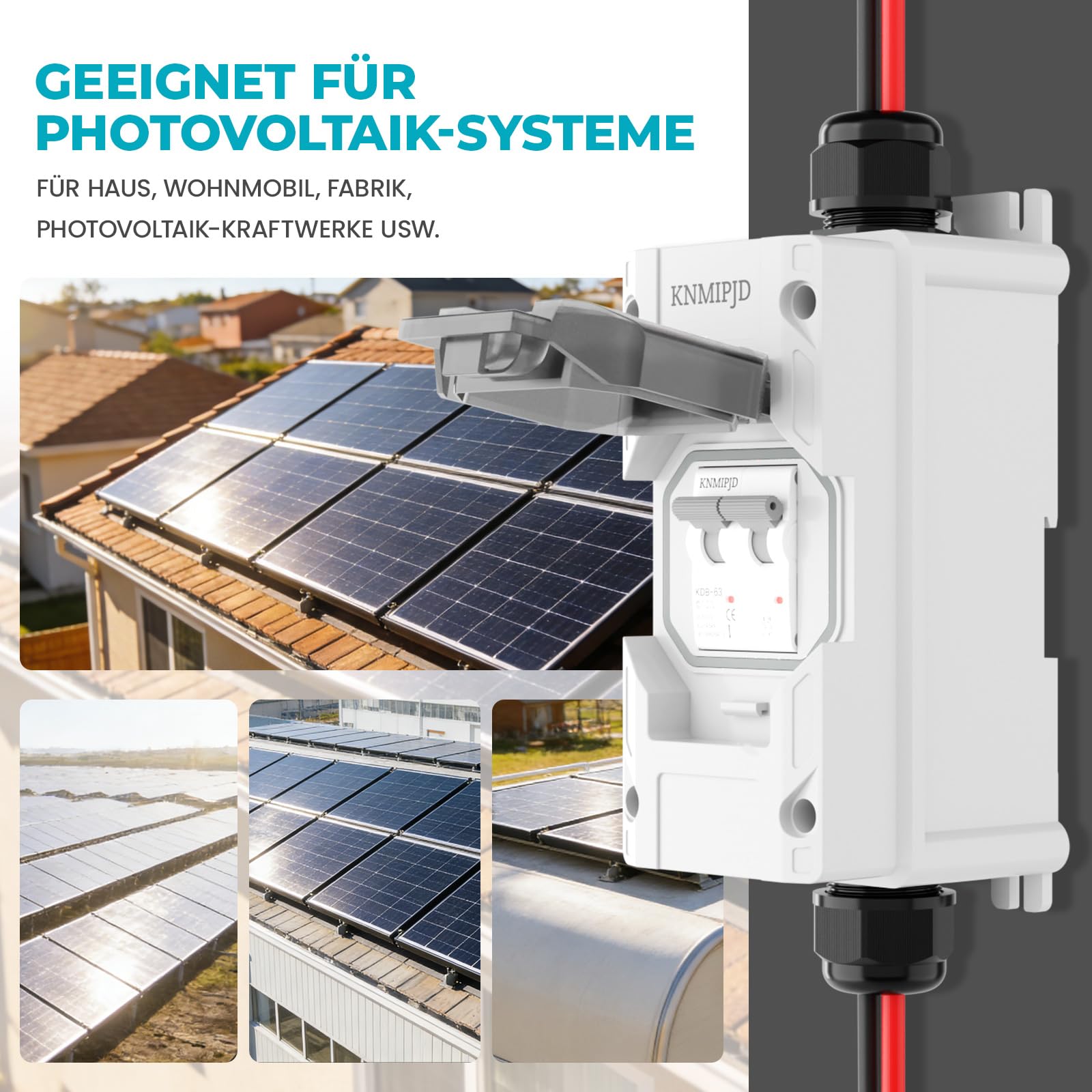 500V 50A DC Trennschalter PV Anlage, Solar PV Sicherungsautomat 2 polig mit IP65 Wasserdicht Gehäuse und pv kabel Steckermontage für Photovoltaikanlagen