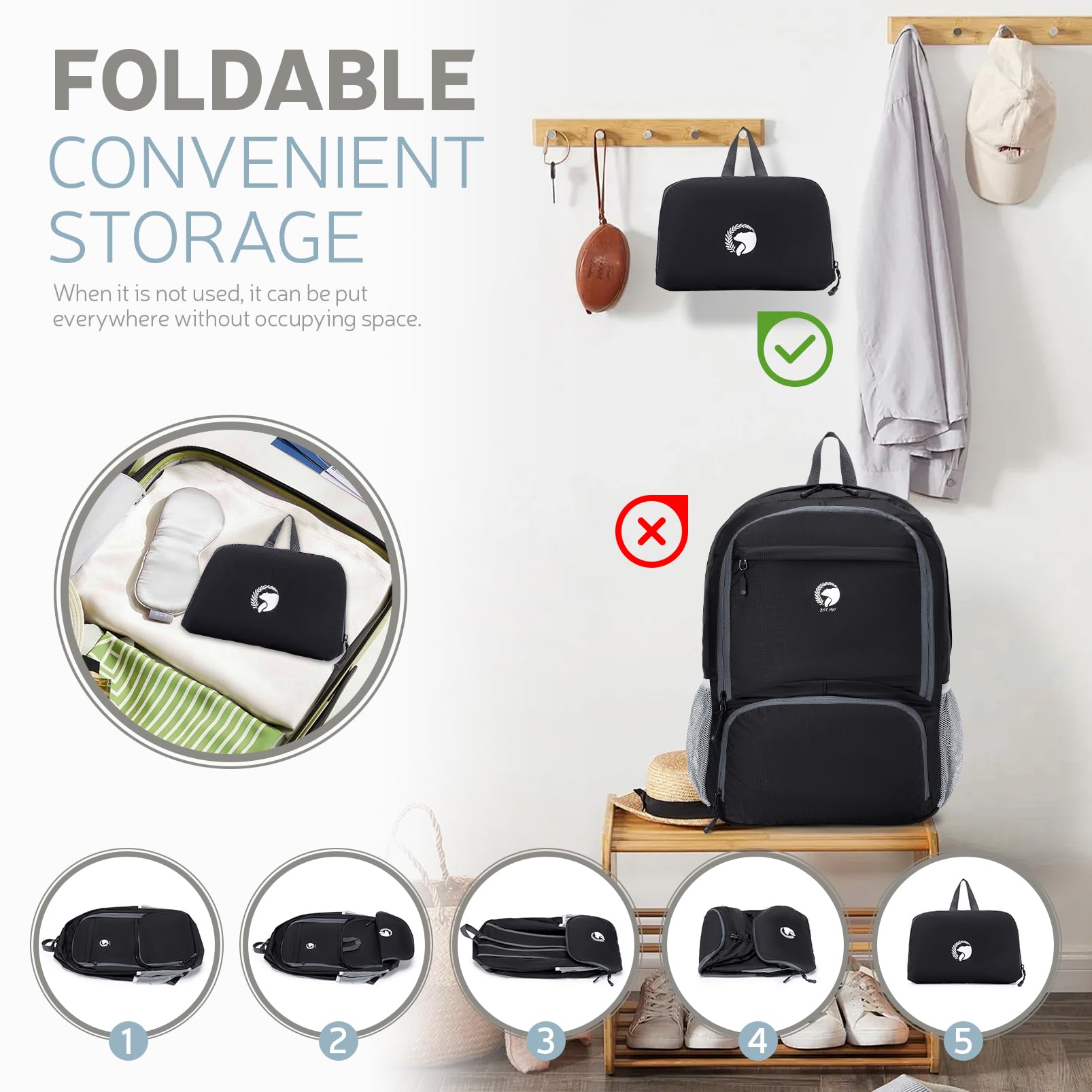 YOODI Sac à Dos 45x36x20cm Voyage Cabine Avion, 30L Nylon Pliable Étanche Sac à Dos Femme Homme Voyage Randonnée Cyclisme