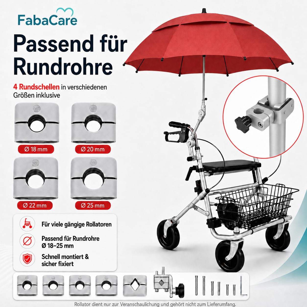 FabaCare Rollatorschirm Protektor 2.0 – Air-Vent Modell 2026 (Doppeldachsystem) – windstabiler Regenschirm & Sonnenschirm mit Halterung für Rollatoren – passend für Rundrohre & Ovalrohre, Rot
