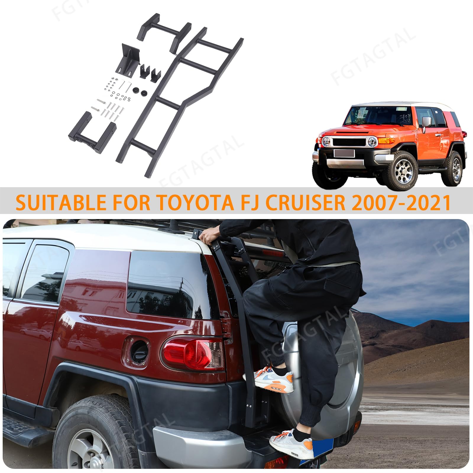 Heckklappenleiter kompatibel mit Toyot@ FJ Cruiser 2007–2021, Heckklappenmontierte Leiter, Aluminium Auto Hecktür Leiter Montagehalterung Zubehör