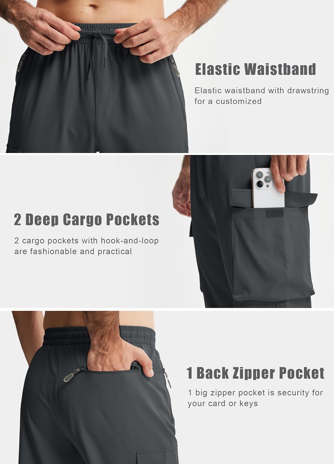 Men's Elastic Waist Hiking Pants Lightweight Quick Dry Cargo Track Pants Travel Outdoor Athletic Clothes with 5 Pockets