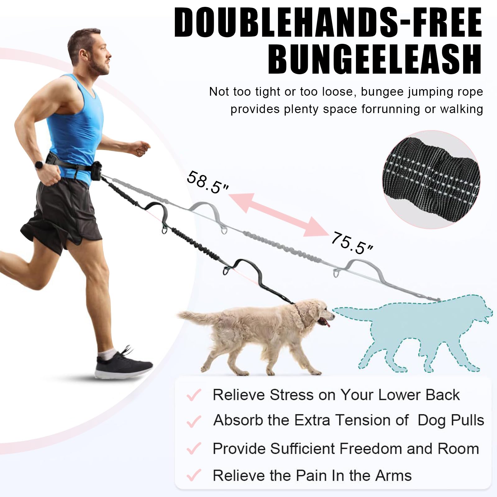 Risipu Guinzaglio per 2 cani a mani libere, cintura regolabile in vita con custodia e supporto per la vita, cuciture elastiche riflettenti per corsa, passeggiate, jogging (rosa)