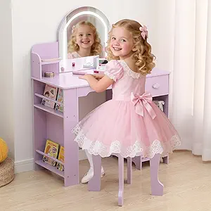 Garvee Kids Vanity with Lighted Mirror & Stool, Little Girls Vanity with Adjustable LED Light, Bookshelf, Storage Drawer & Shelves for Girls 3-9, Purple