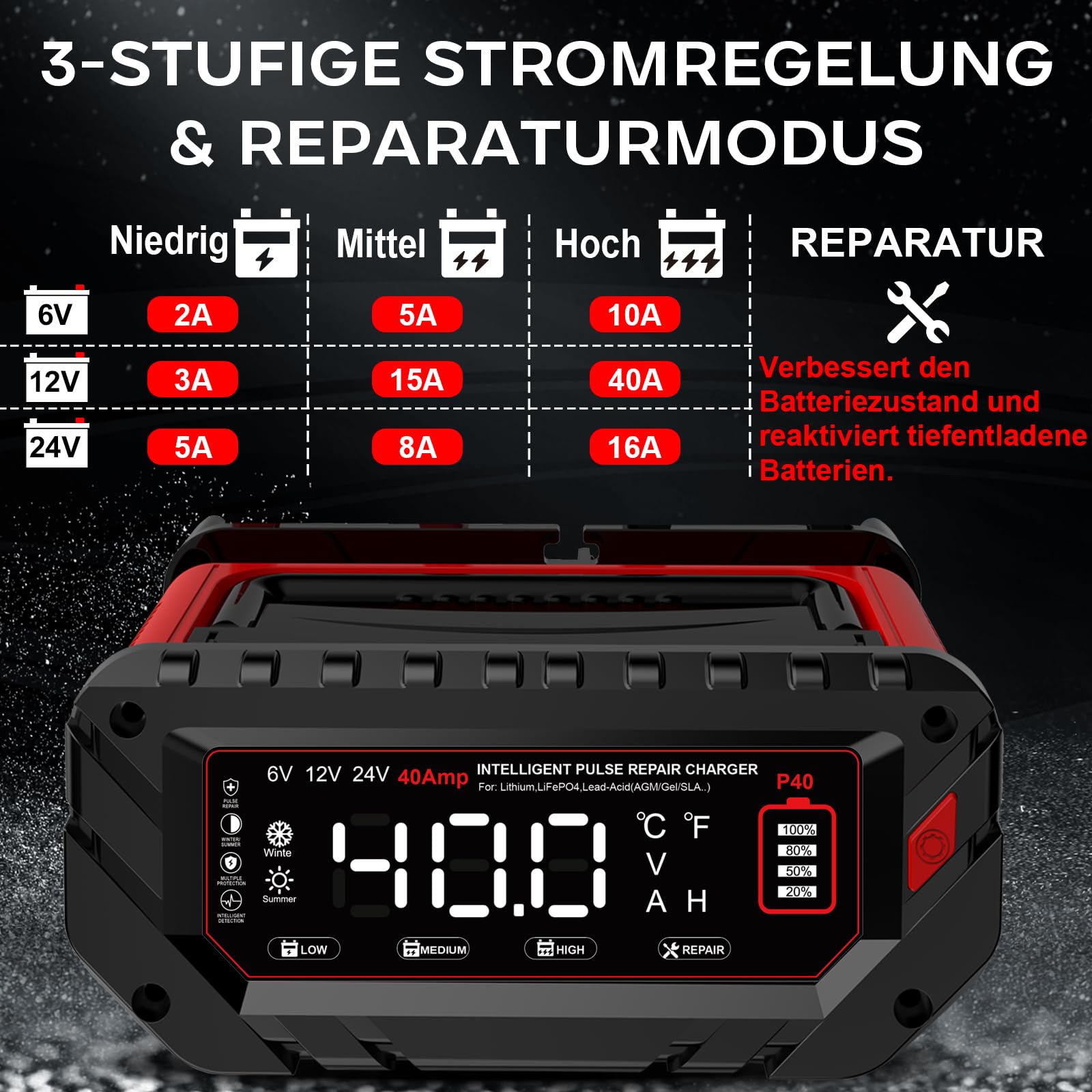 40A Autobatterie Ladegerät, 6V/12V/24V LiFePO4 Ladegerät, Batterieladegerät KFZ für Auto, Motorrad, Rasenmäher, Boot, Lithium, LiFePO4 und Blei-Säure(AGM, Gel, MF, EFB, SLA, VRLA, Wet)