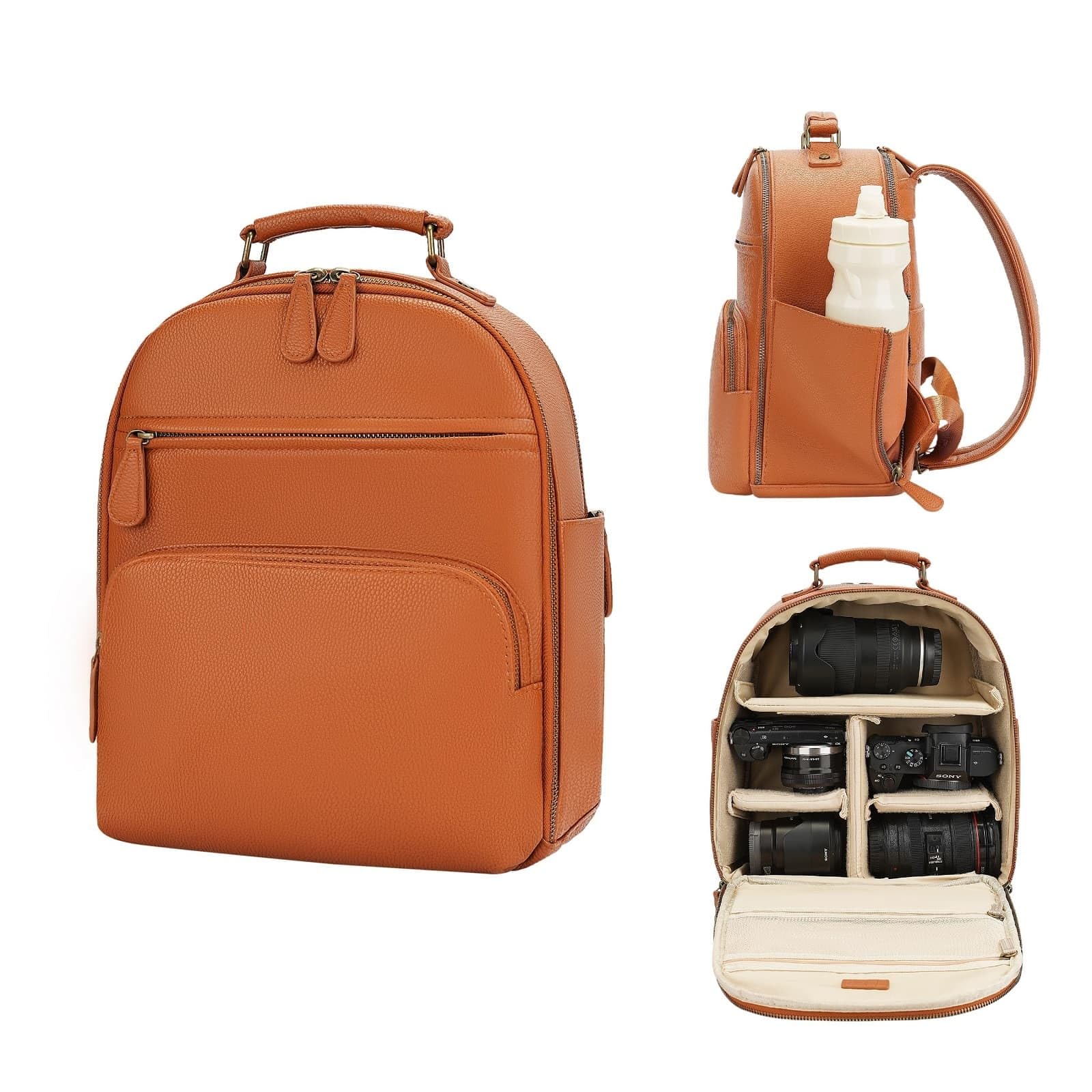 Divvia Small Camera Backpack, Classic PU Leather for DSLR, Professional Camera Bag for Photographers with 11 Inch Pad/Tablet Compartment, 10L Brown