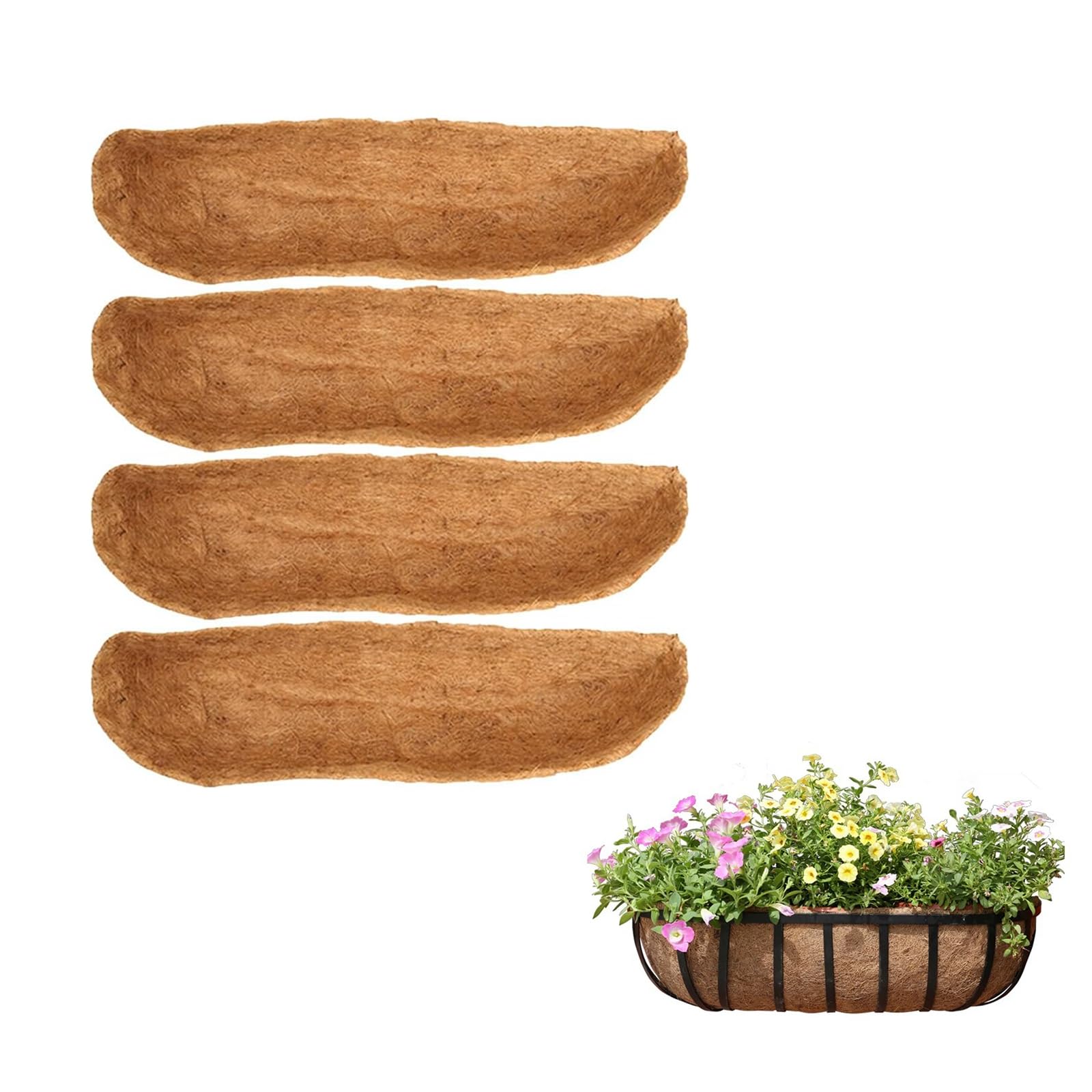 Dsrtosit Trough Coco Replacement Liners,24/30/36/48 Inch Wall-mounted Coco Liner Trough,Natural Coconut Fiber Hanging Basket Liners,Coco Liner for Window Box & Hanging Trough Planters (4pcs, 48in)