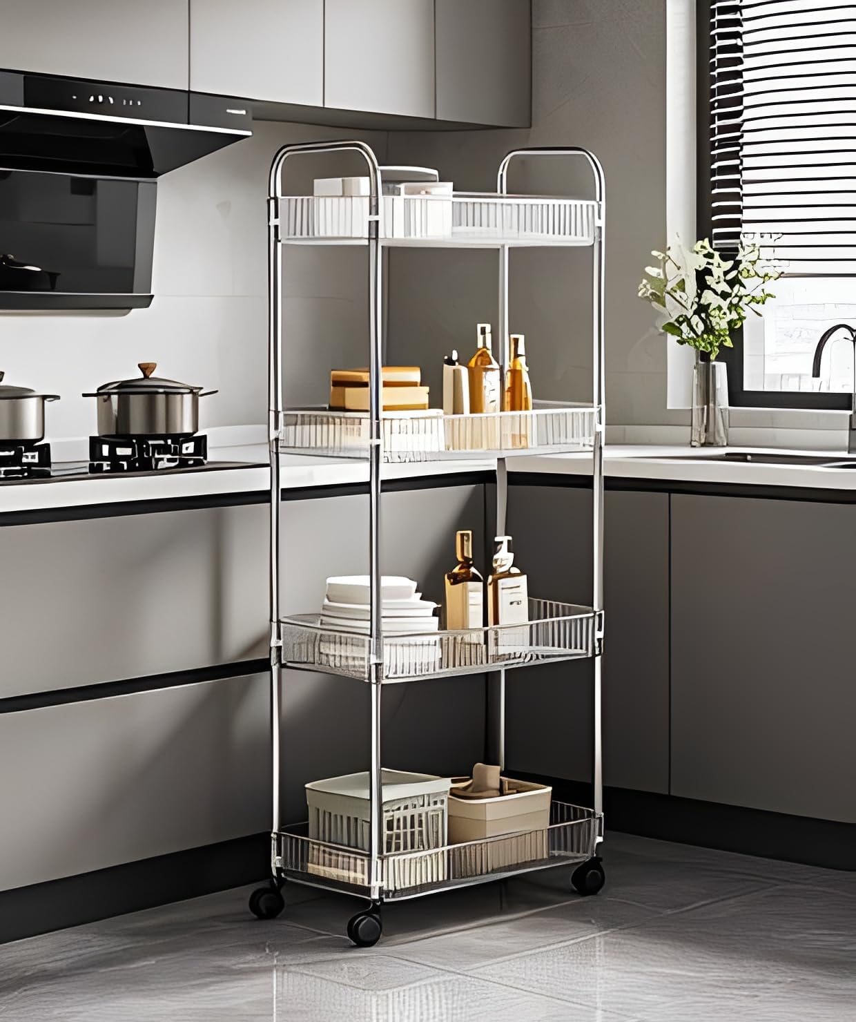Sooyee Clear 4-Tier Plastic Rolling Utility Cart with Wheels, Multi-Functional Storage Trolley for Office, Living Room, Kitchen, Movable Storage Organizer with Wheels