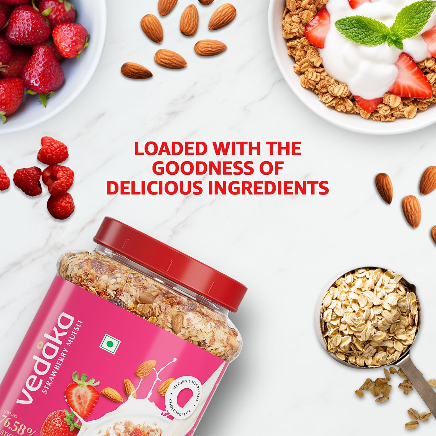 Amazon Brand - Vedaka Strawberry Muesli | 1 Kg | Jar | Contains 76.58% of Dry Fruits, Nuts and Multigrains | Source of Fiber | Loaded with Strawberries 1