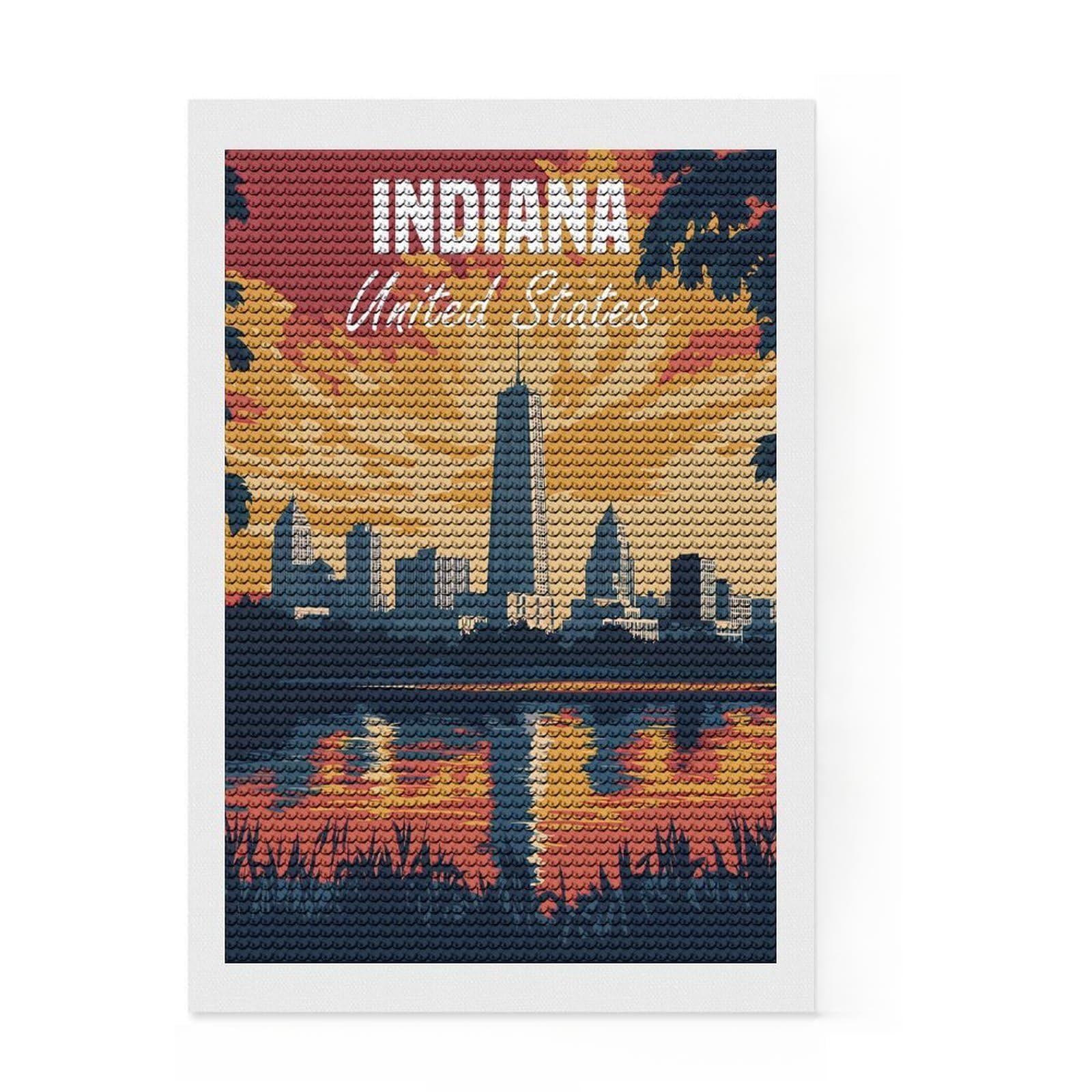 Junmoney Indiana Skyline Full Drill Diamond Painting Kit 8"x12", for Women, Mindful Craft Activity, Living Room Decor, Festive Craft Gift