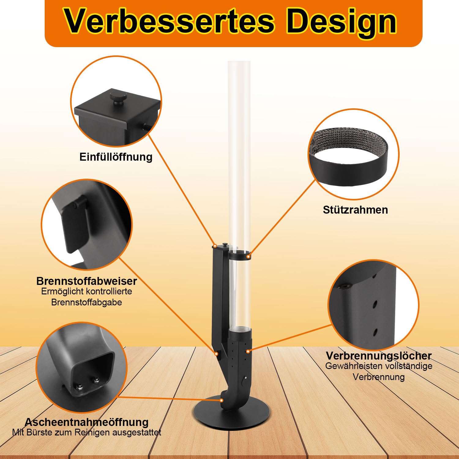 Bruciatore a pellet in acciaio nero 100 cm con vetro borosilicato, valvola combustibile regolabile