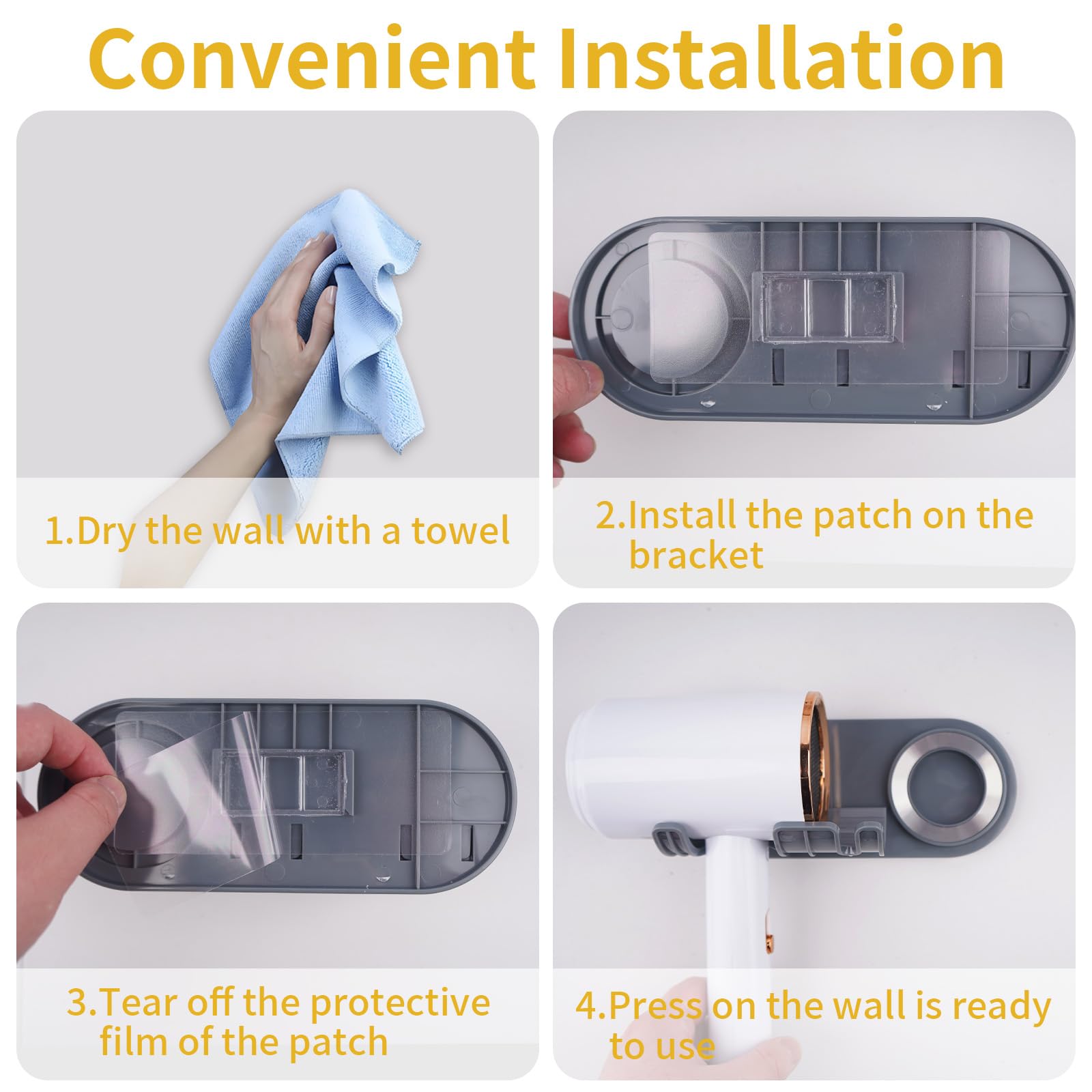 Soporte Secador de Pelo Magnético de Pared con Portaboquillas, Colgador Sin Taladrar, Gris