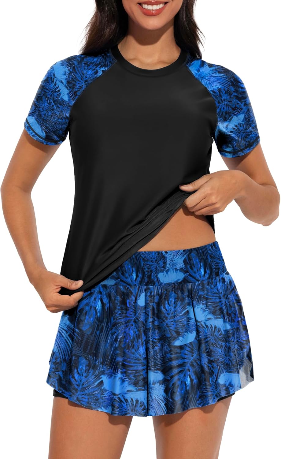 Tournesol Women's 2 Piece Rash Guard Short Sleeve Swim Shirts UPF 50+ Built in Bra Swimsuit with Culottes with Pockets