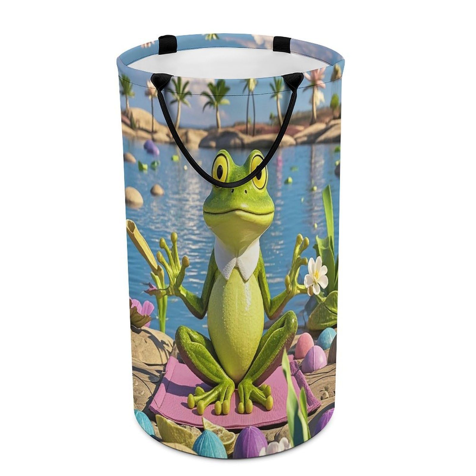 Funny Yoga Frog Laundry Hamper Waterproof Polyester Laundry Baskets Collapsible Dirty Clothes Storage Basket Clothes Hampers with Sturdy Handles for Travel Bedroom
